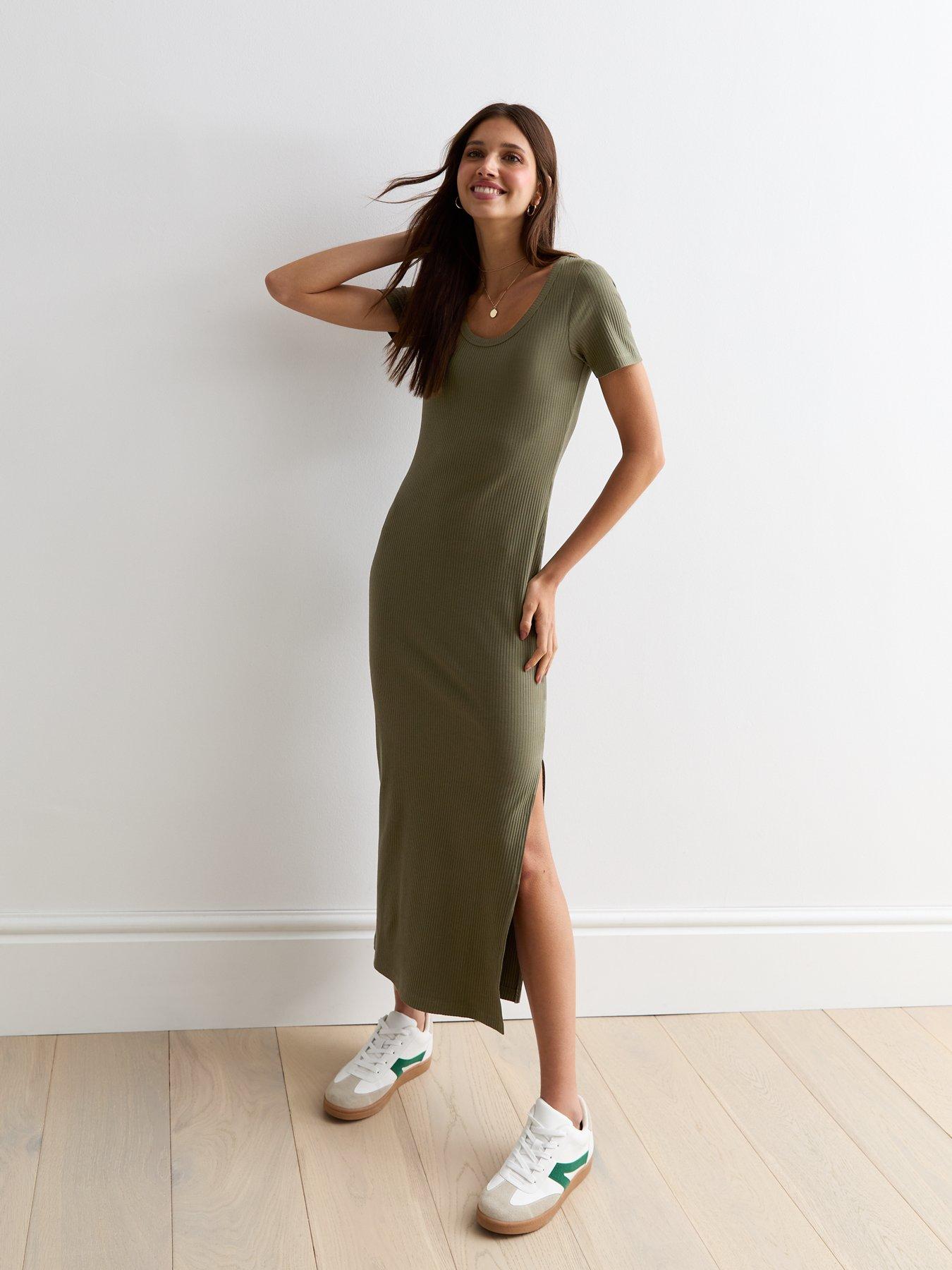 new-look-khaki-ribbed-scoop-neck-midi-dressfront