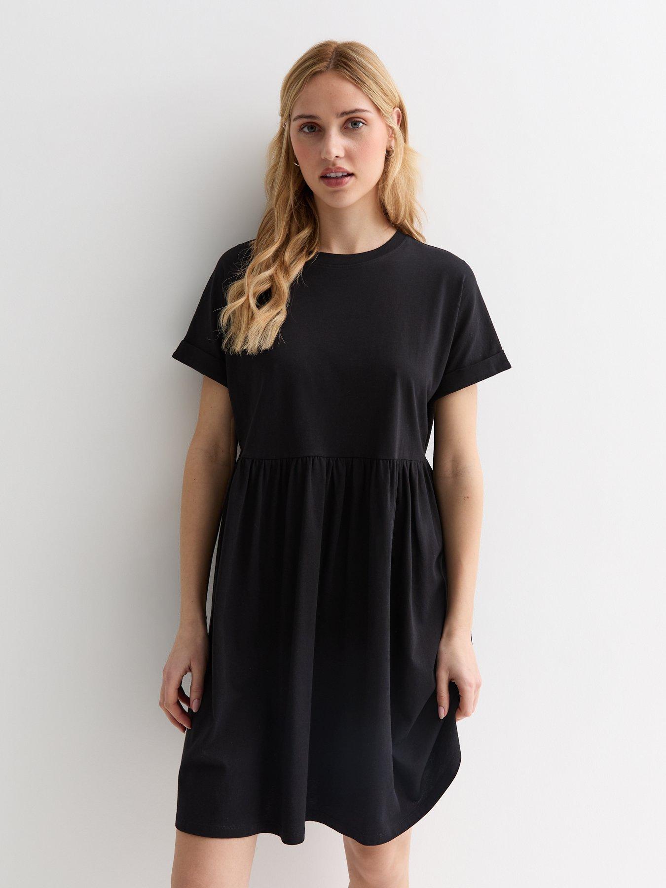 new-look-black-cotton-short-sleeve-mini-smock-dress