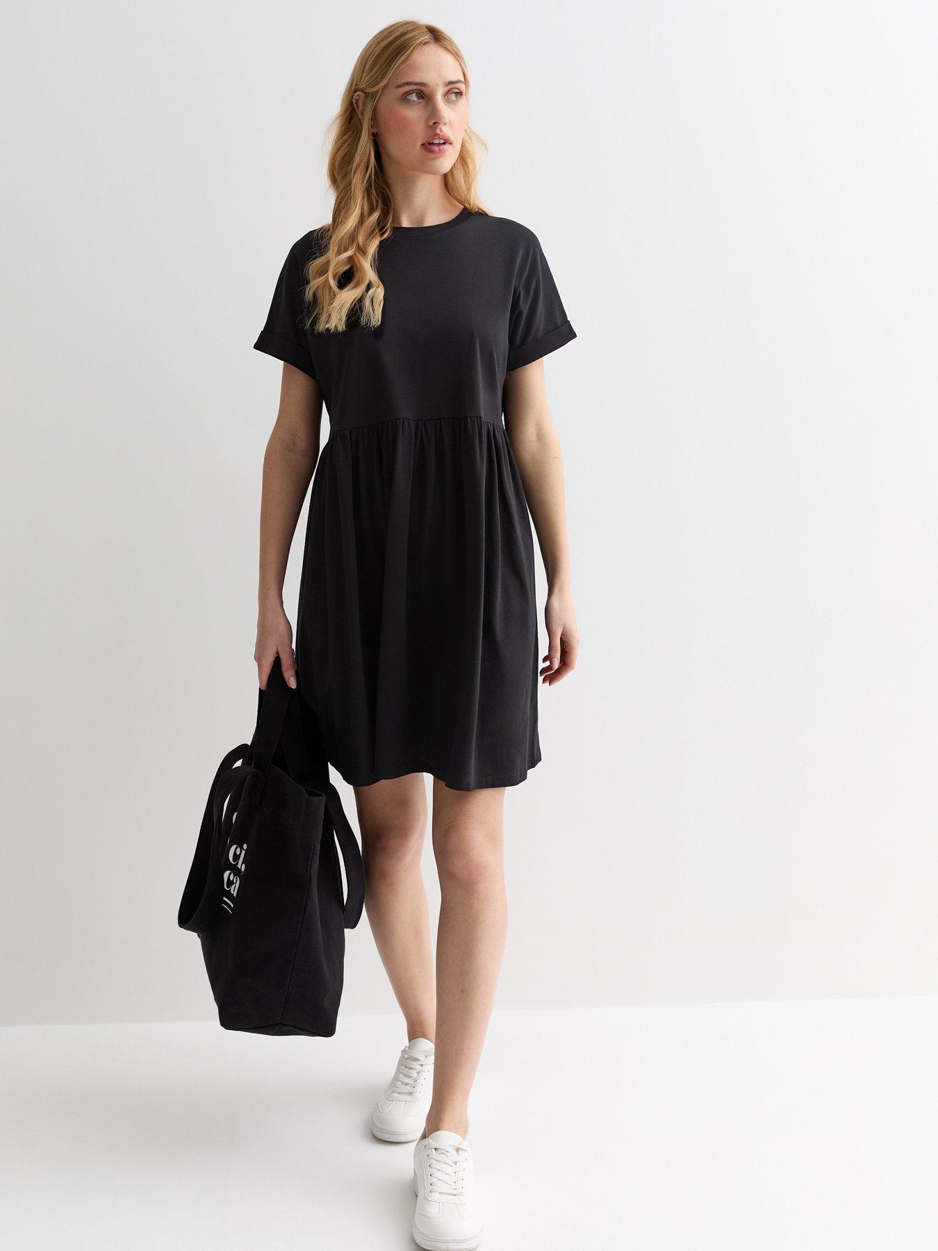 new-look-black-cotton-short-sleeve-mini-smock-dressback