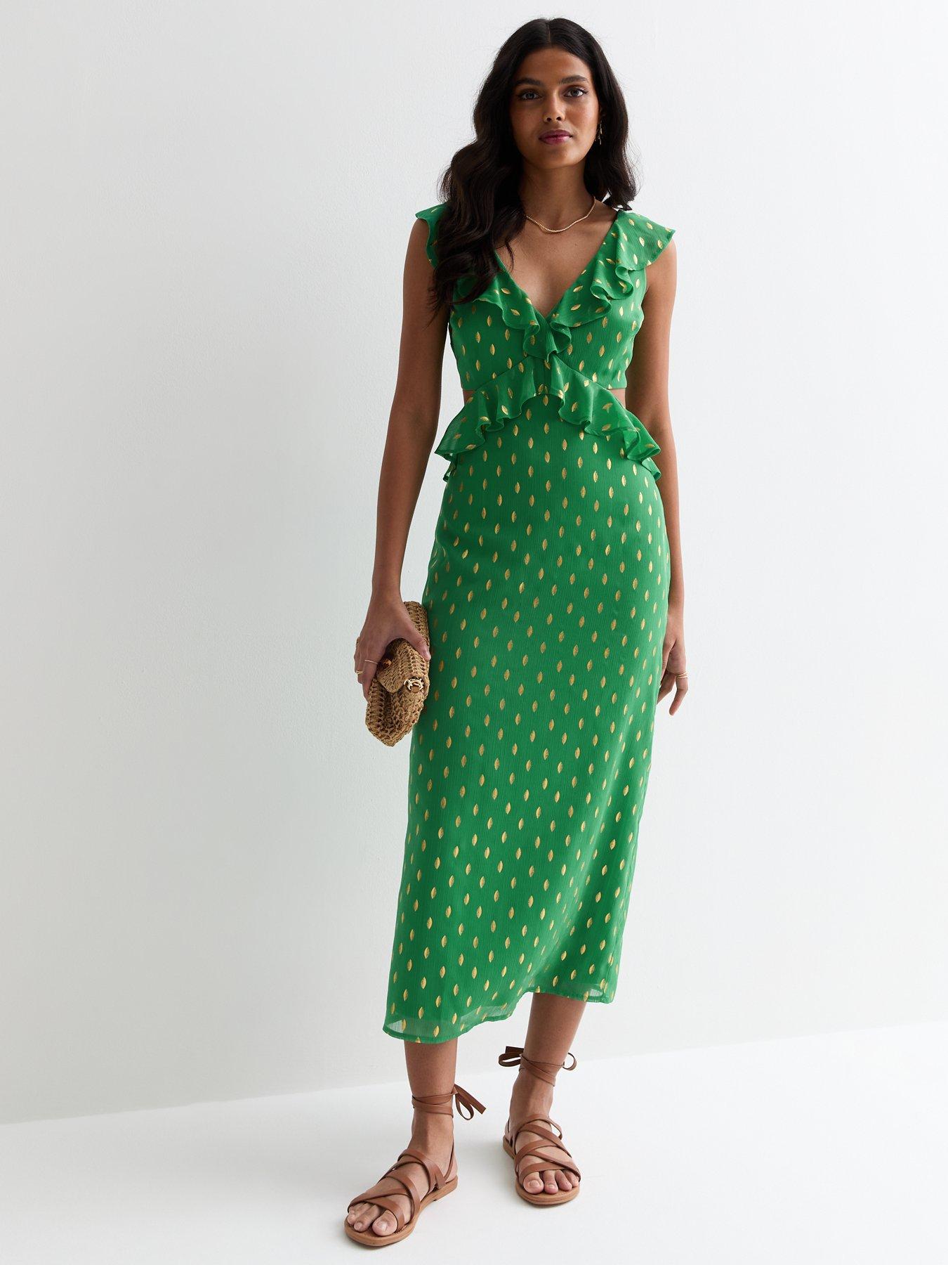 new-look-green-gold-foil-print-sleeveless-ruffle-cut-out-midi-dress