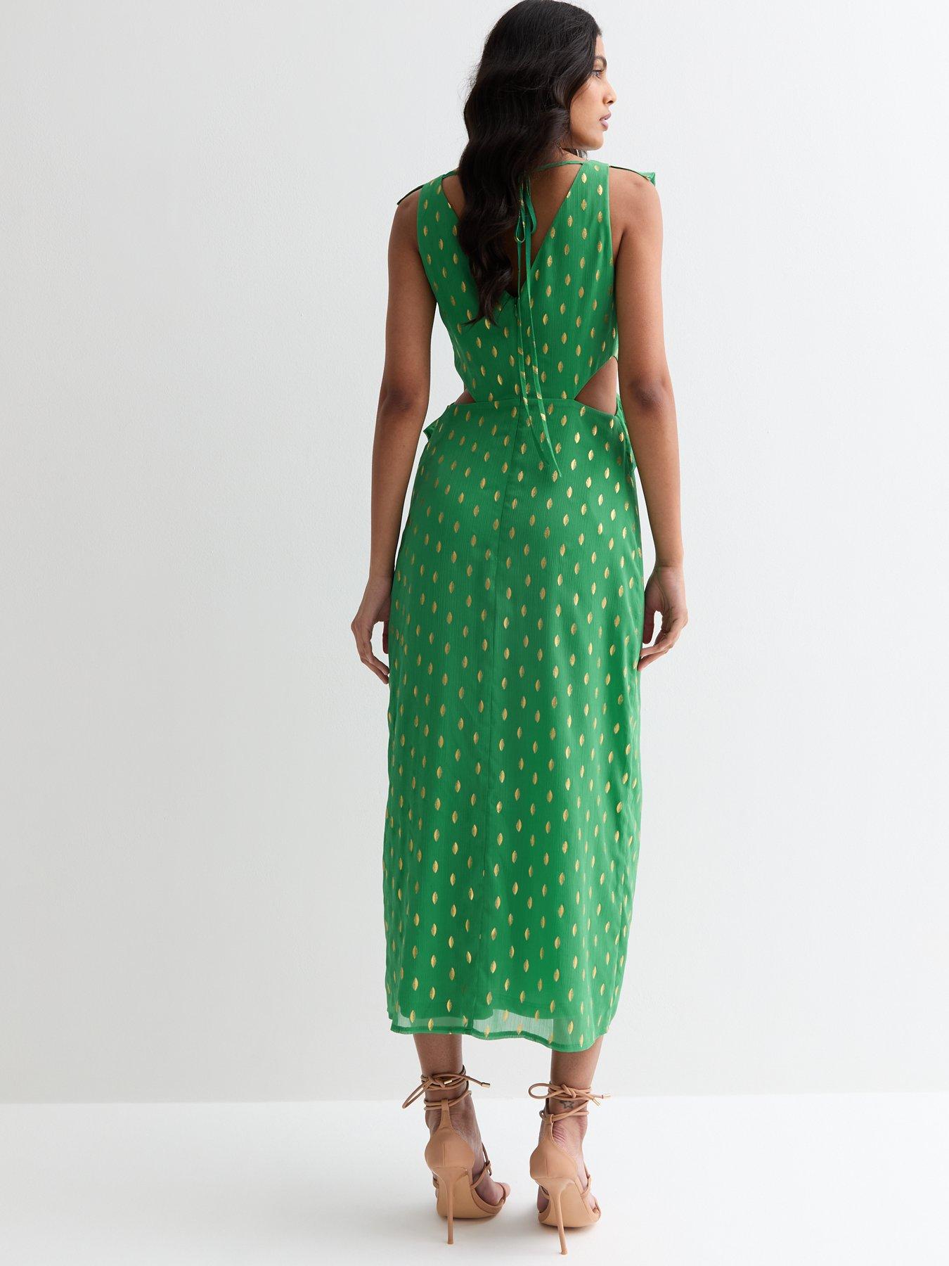 new-look-green-gold-foil-print-sleeveless-ruffle-cut-out-midi-dressstillFront