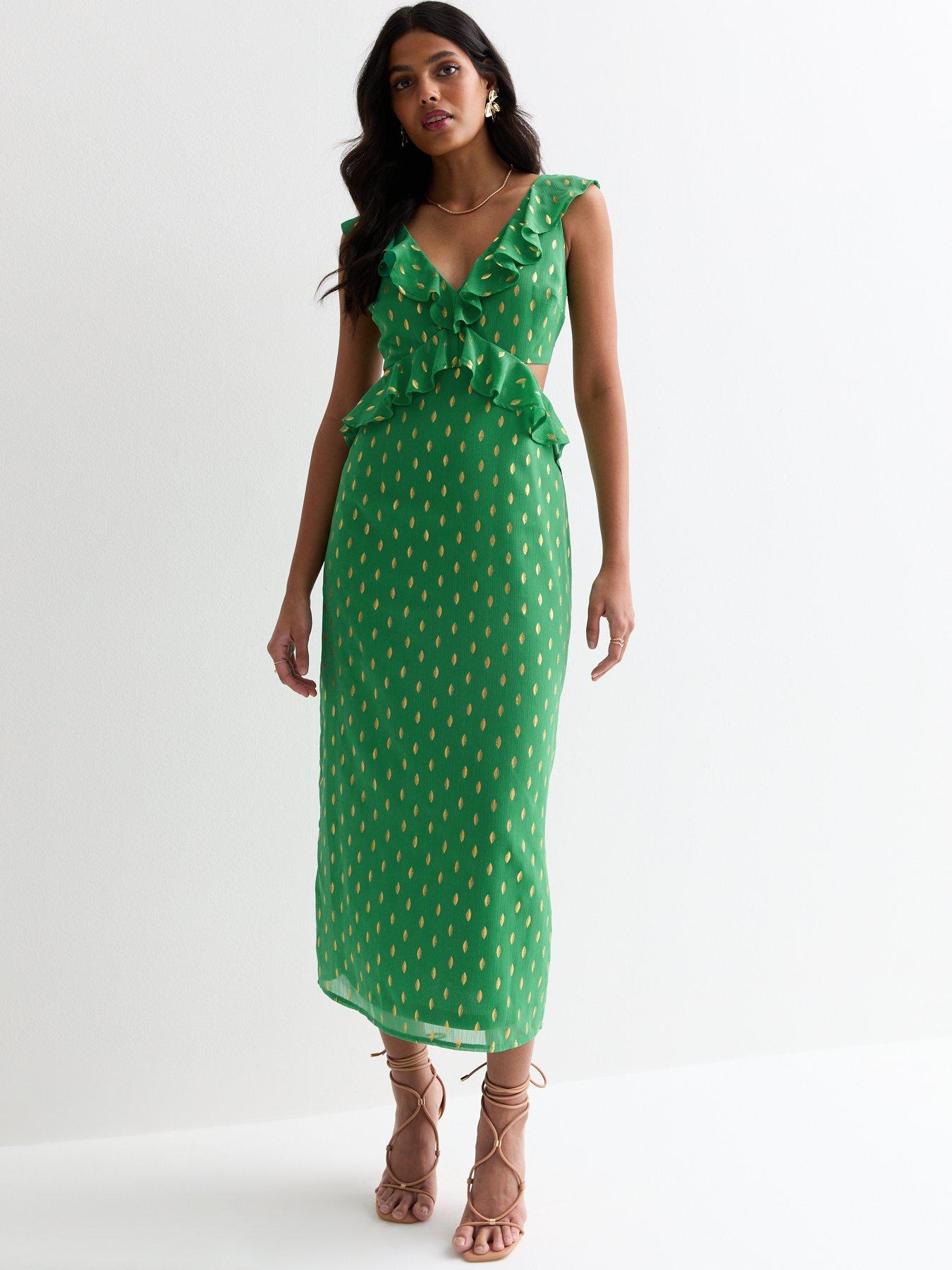 new-look-green-gold-foil-print-sleeveless-ruffle-cut-out-midi-dressback