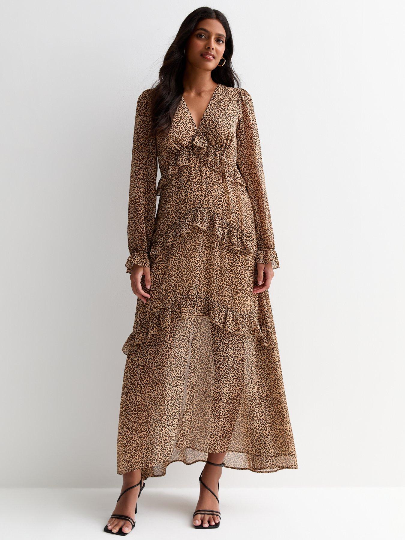 new-look-brown-animal-print-v-neck-ruffle-midi-dress