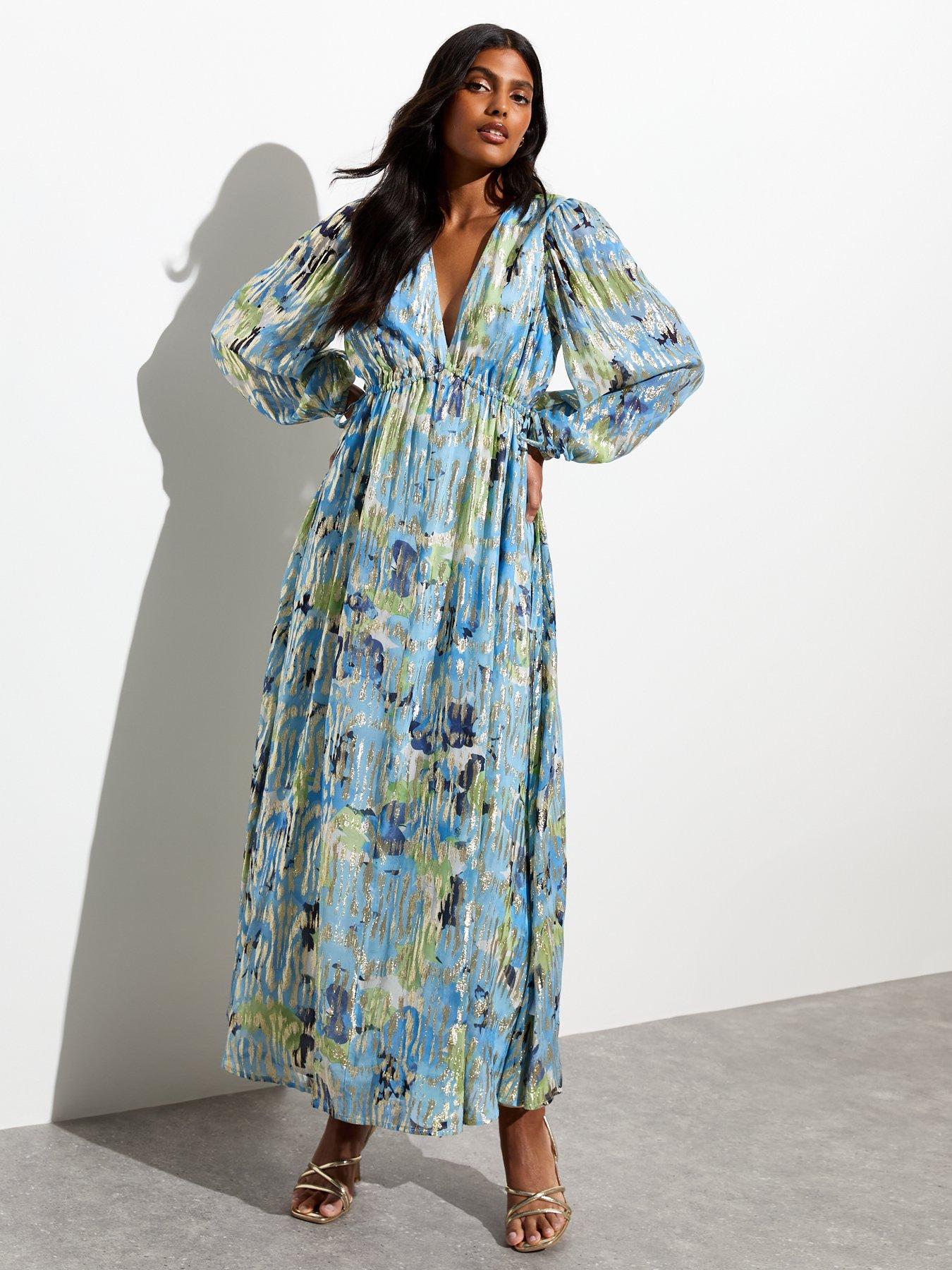 New Look Blue Floral Foil V Neck Long Sleeve Maxi Dress Very Ireland