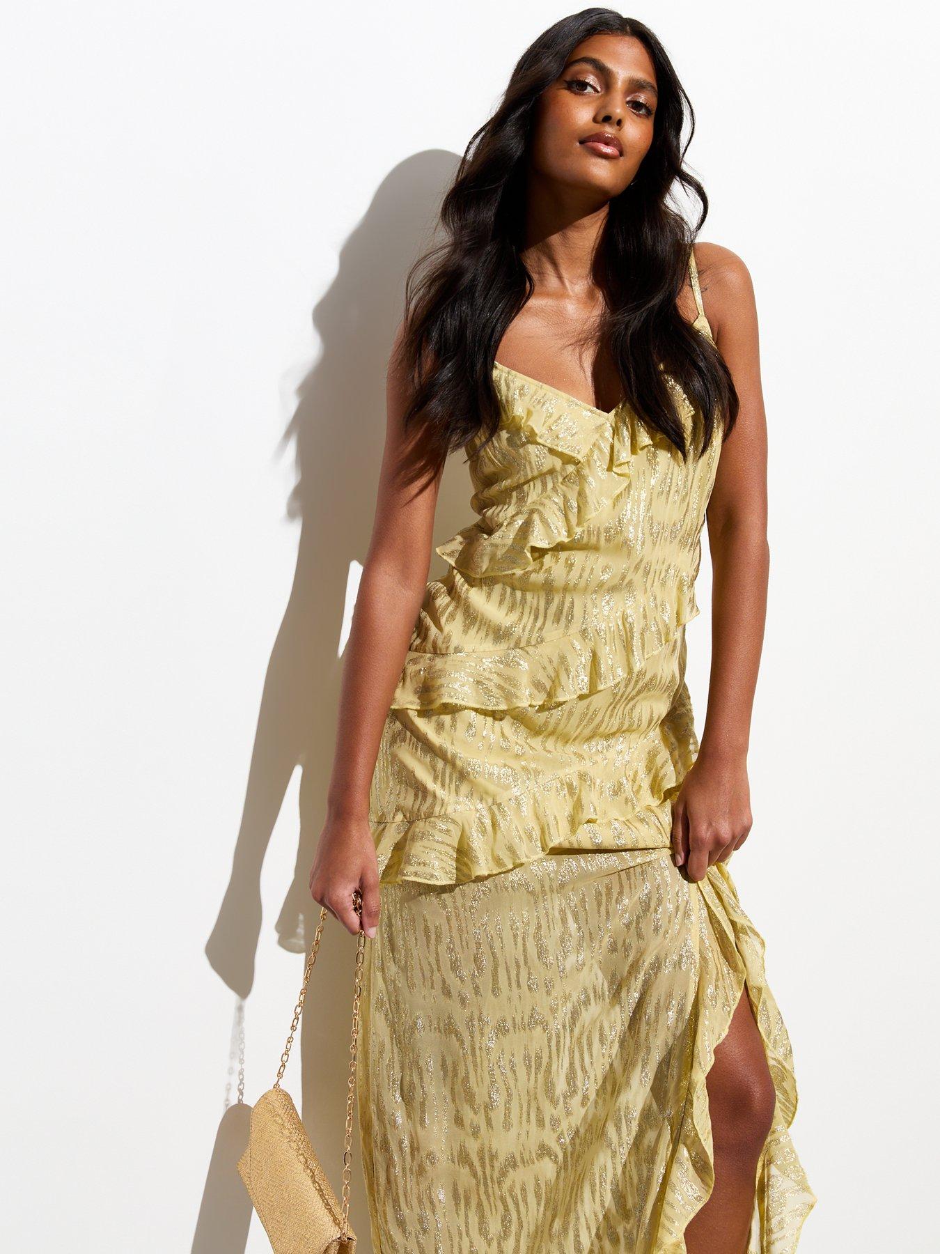 new-look-gold-strappy-ruffle-split-hem-maxi-dressoutfit