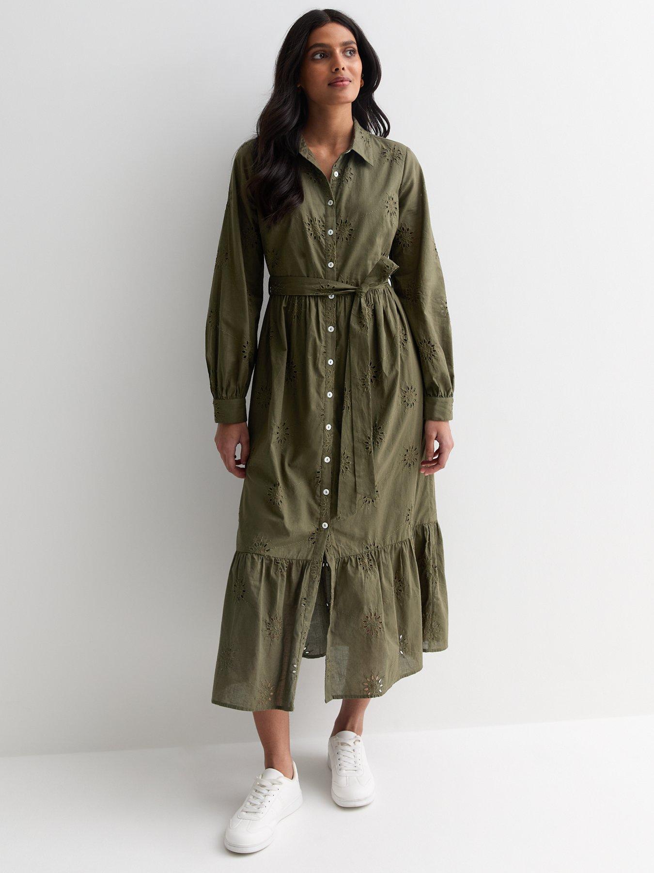 new-look-olive-cotton-flower-broderie-belted-midi-shirt-dress