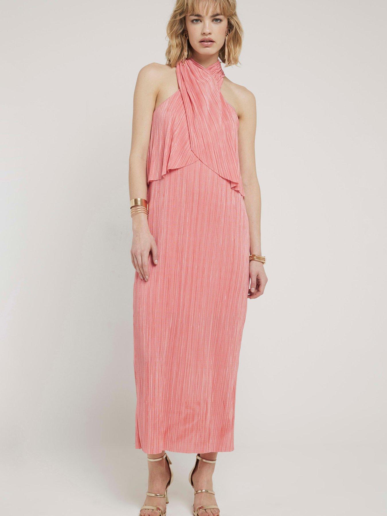 river-island-halter-neck-wrap-plisse-midi-dress-coral