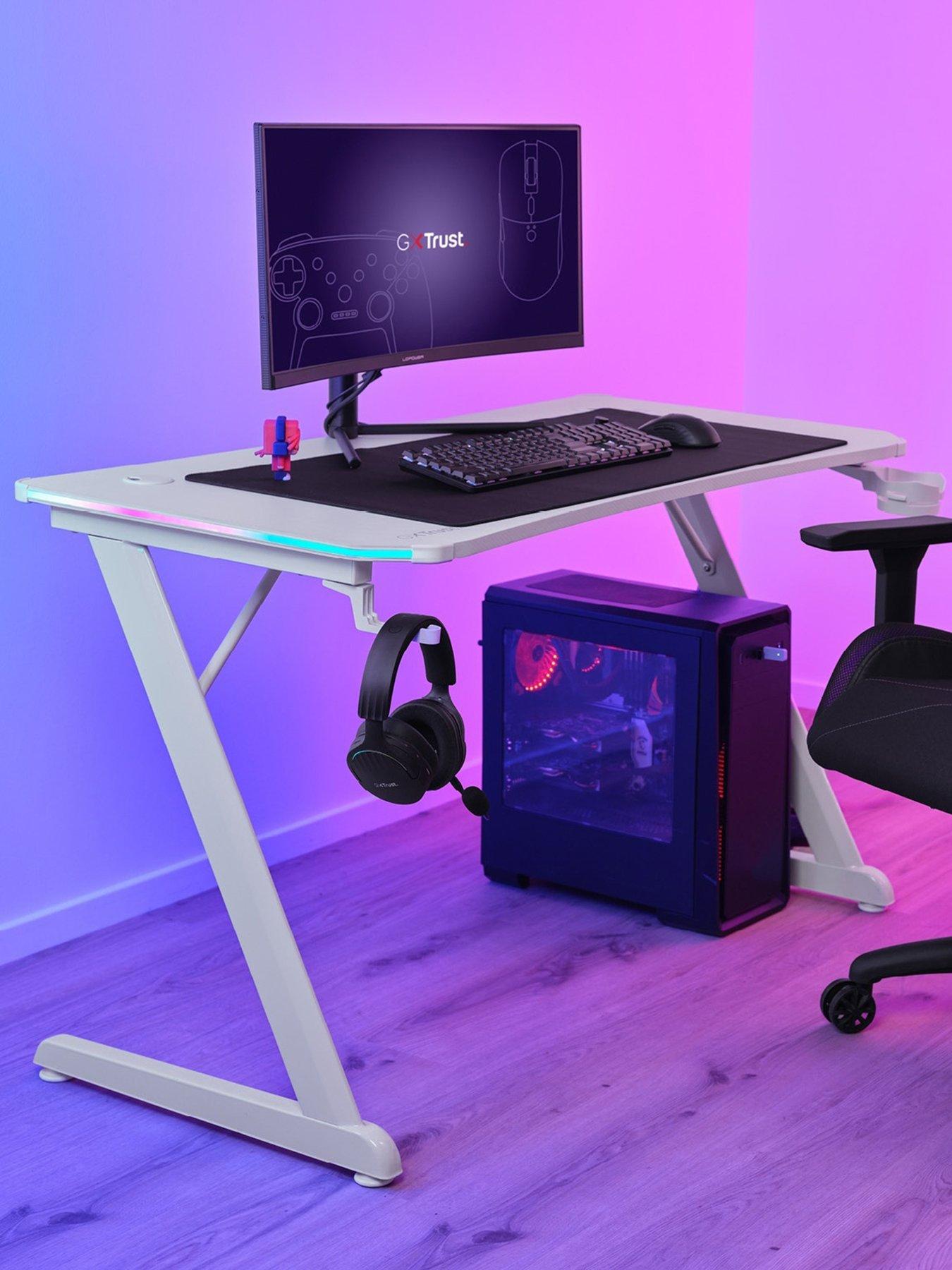 Trust GXT709W Luminus White Gaming Desk with Adjustable RGB LED Lighting