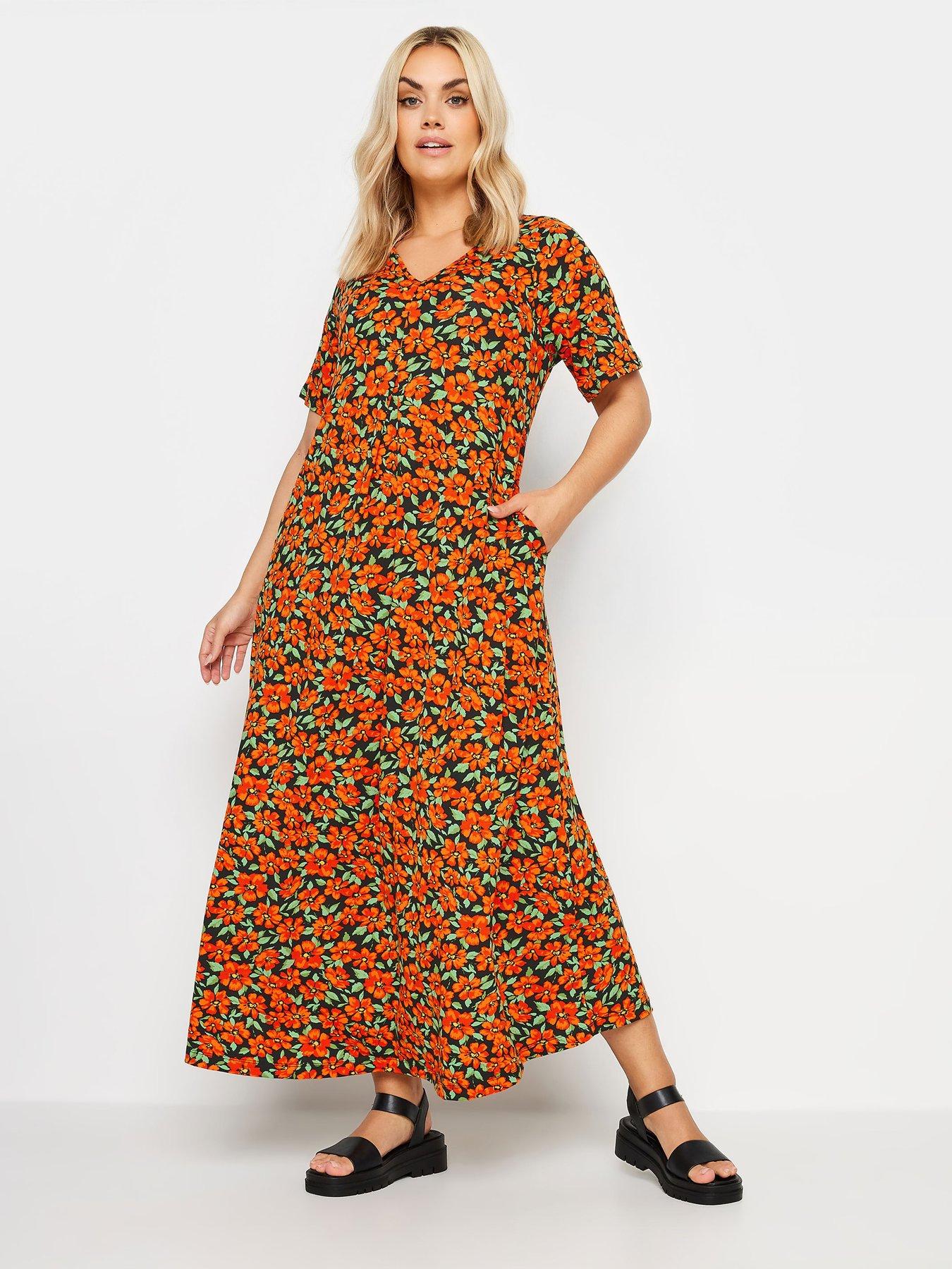 yours-curve-short-sleeve-pleat-front-dress-blackorange