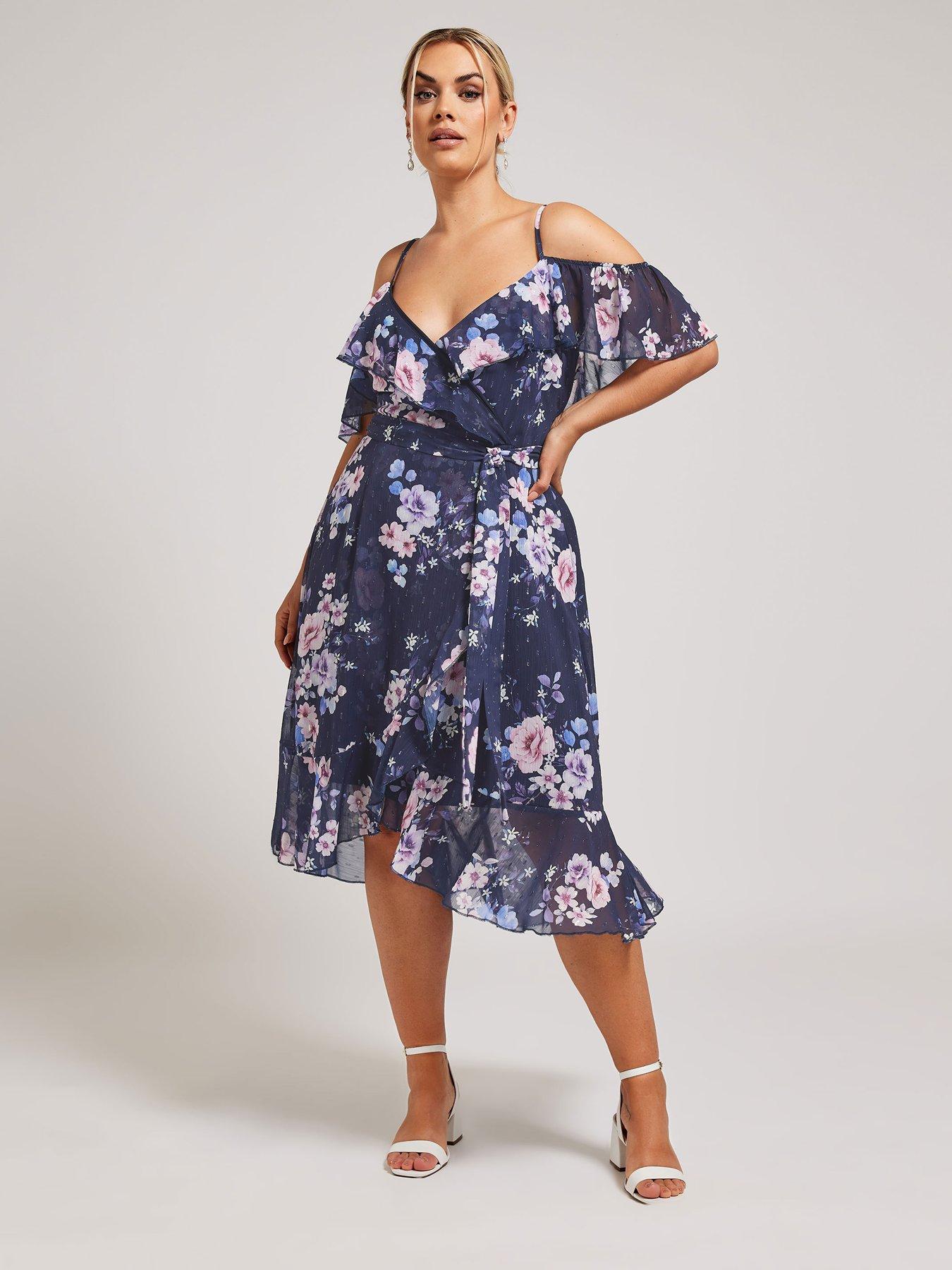 yours-curve-floral-cold-shoulder-metallic-dobby-wrap-dress-blue