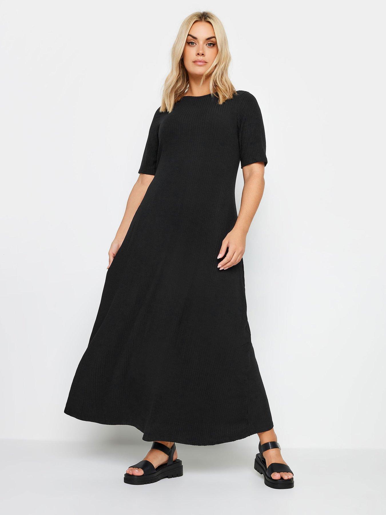 yours-curve-short-sleeve-rib-swing-maxi-dress-black