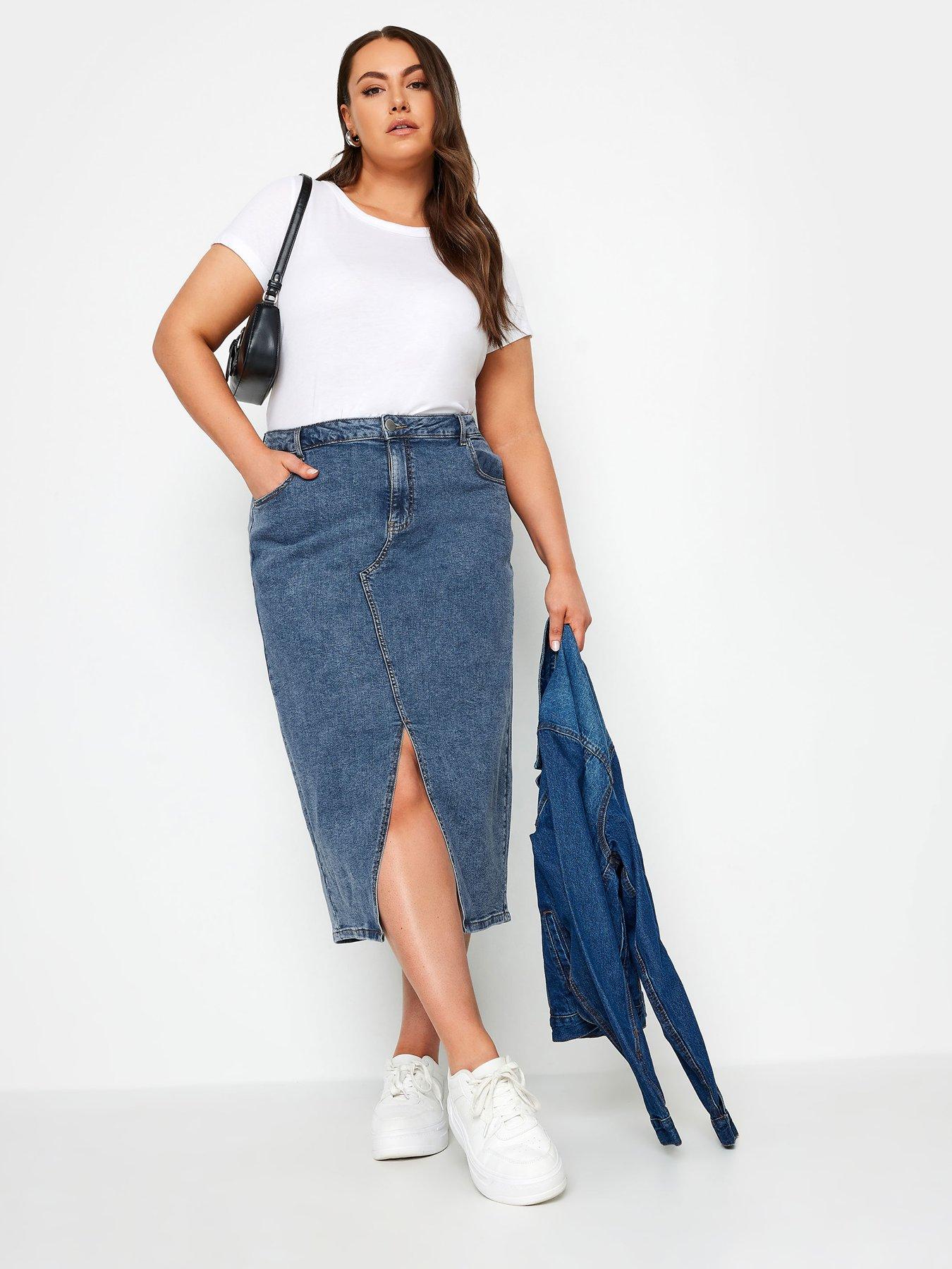 Image 3 of 4 of Yours Curve Elastic Waist Skirt - Blue