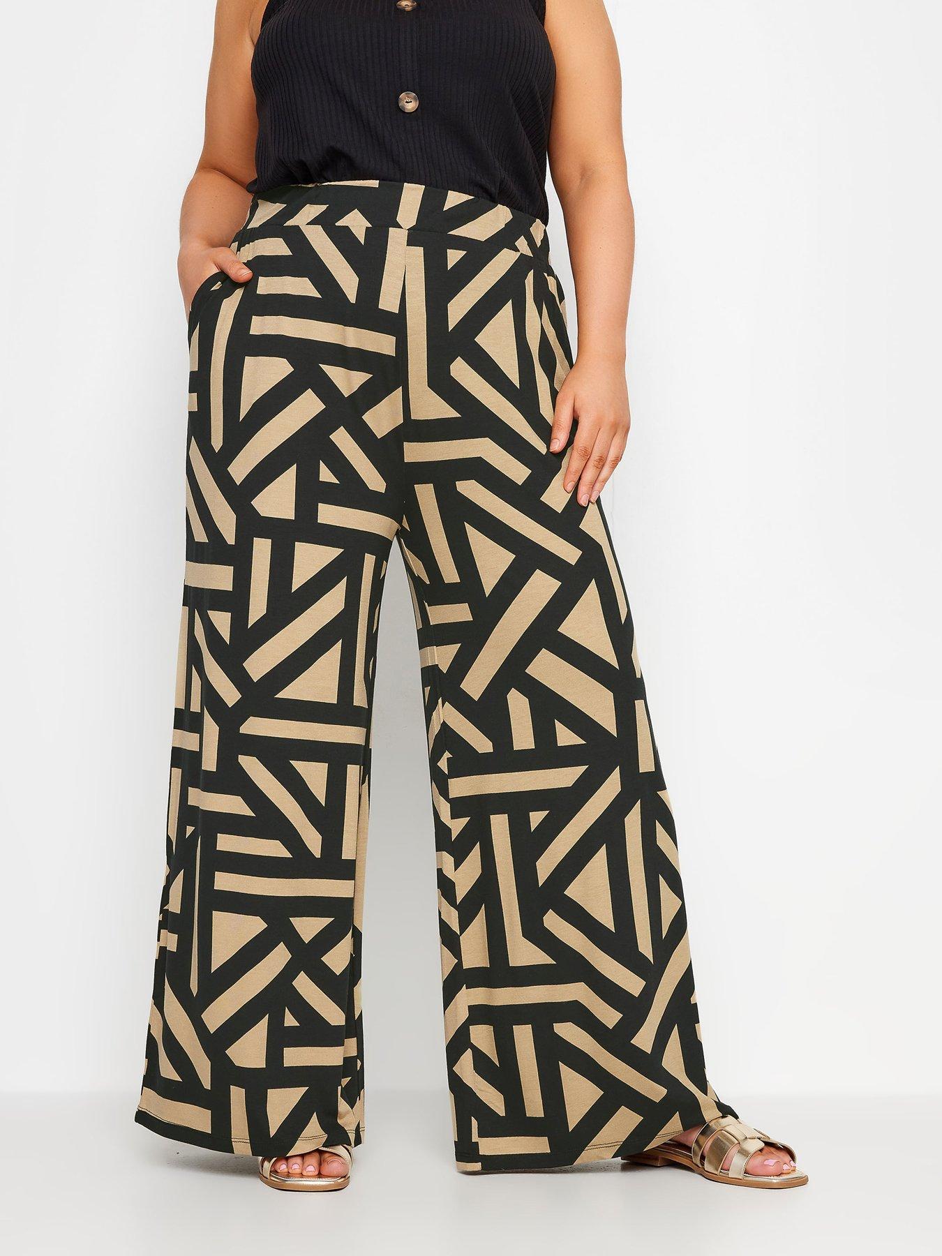 Image of Yours Curve Jersey Wide Leg Trousers Geo Print - Black