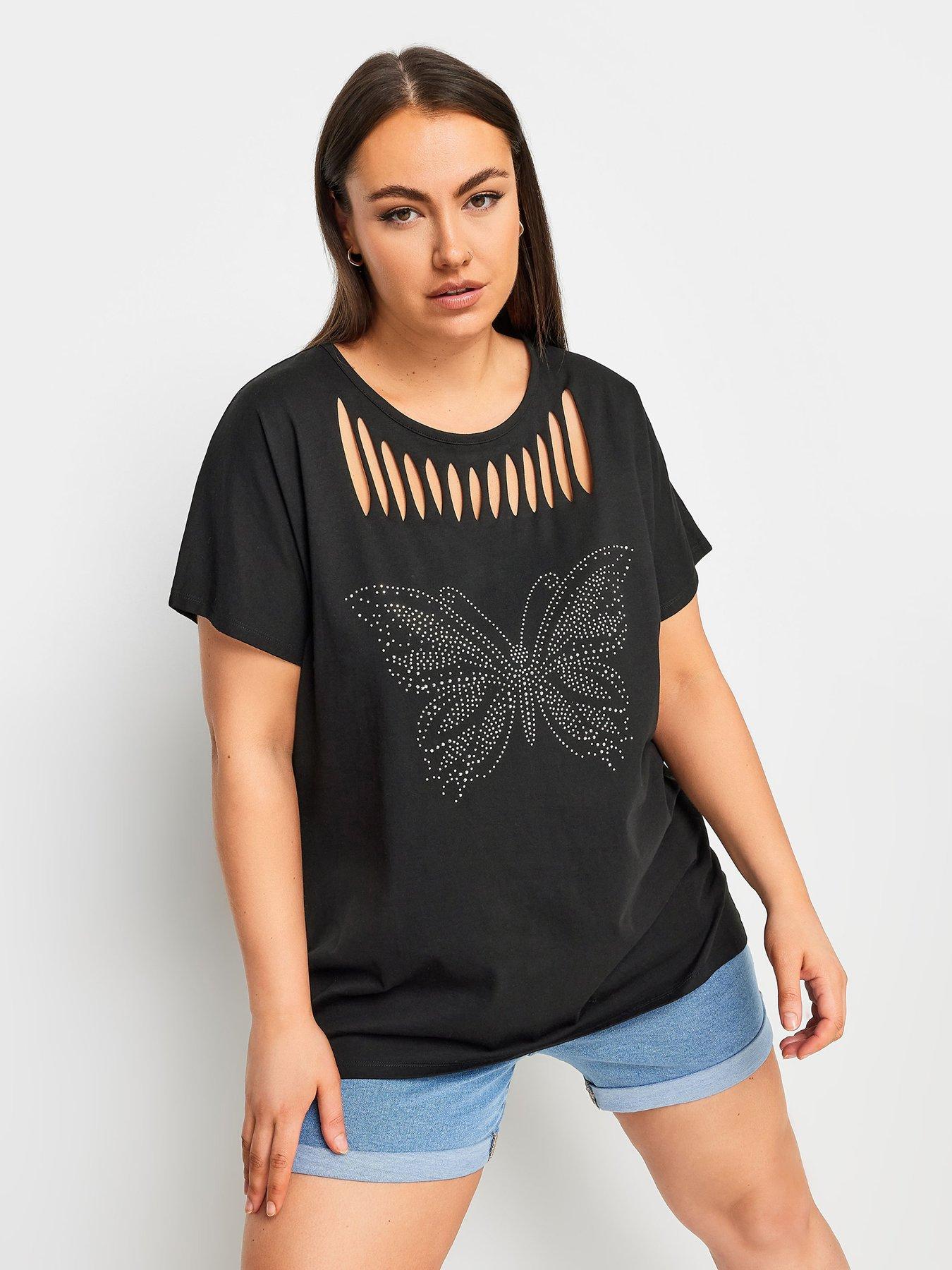 Image of Yours Curve Laser Cut T-shirt Yolk Cut Butterfly Bling - Black