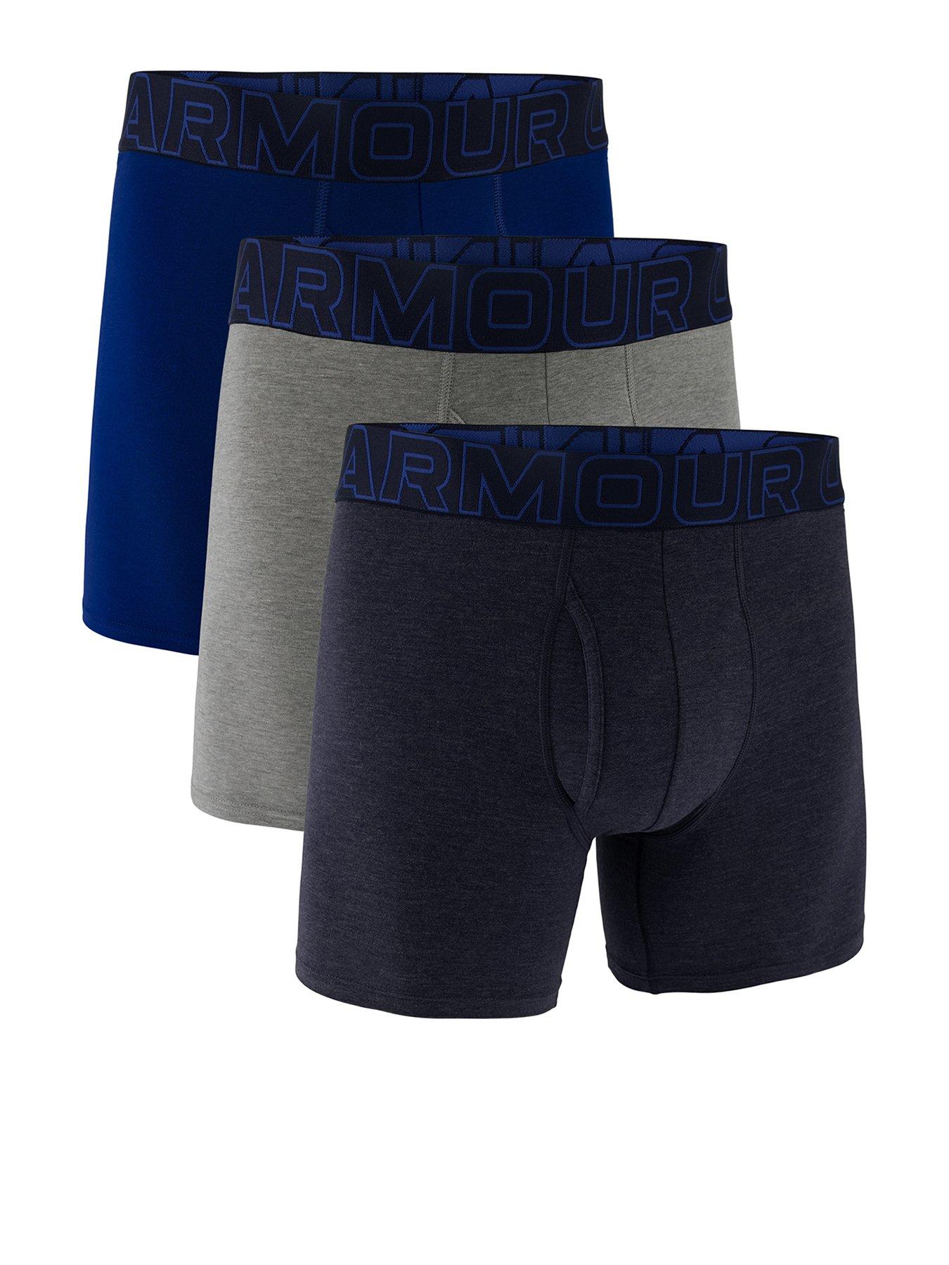 Image 1 of 3 of UNDER ARMOUR 3 Pack of&nbsp;Men's&nbsp;6 Inch Performance Cotton Solid Boxers&nbsp;- Blue/Grey/Navy