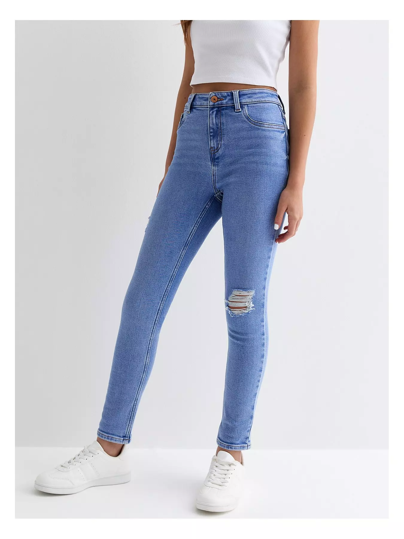 Curves Bright Blue Ripped Knee High Waist Hallie Super Skinny Jeans