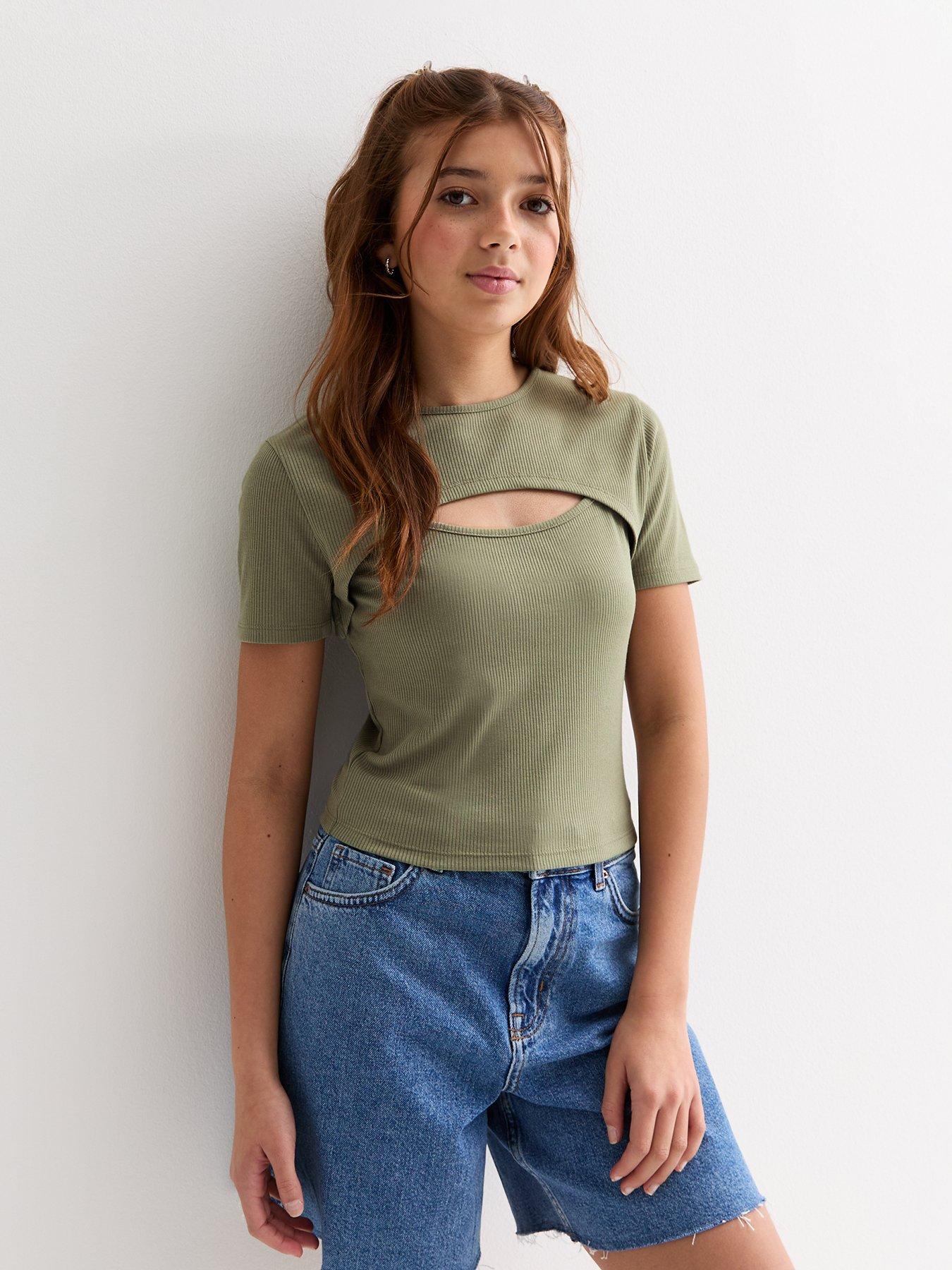 new-look-915-girls-olive-ribbed-2-in-1-crew-neck-top