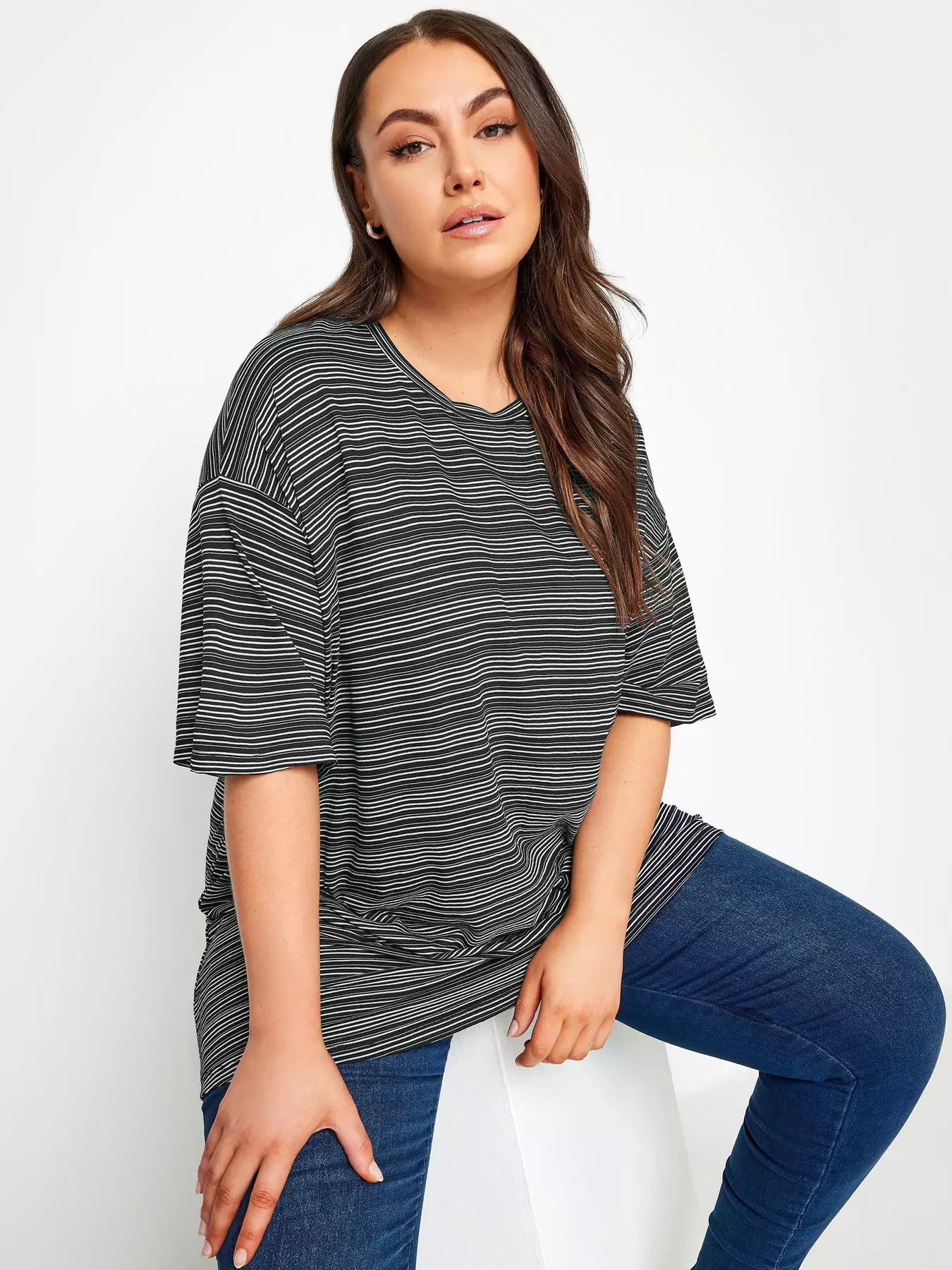 YOURS Plus Size Curve Blue Acid Wash Oversized Boxy T-Shirt