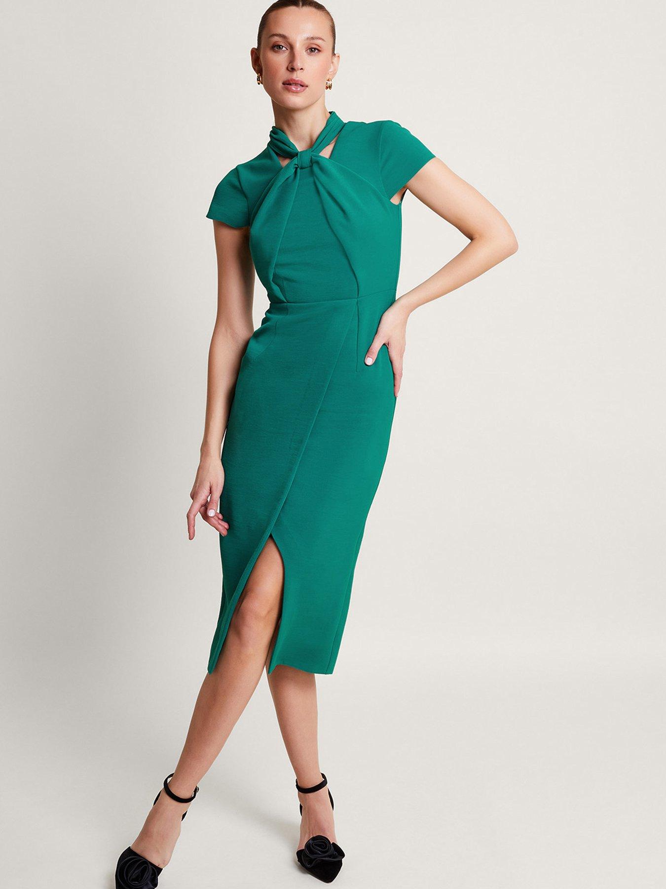 Sosandar Green Rib Knit Belted Pencil Dress