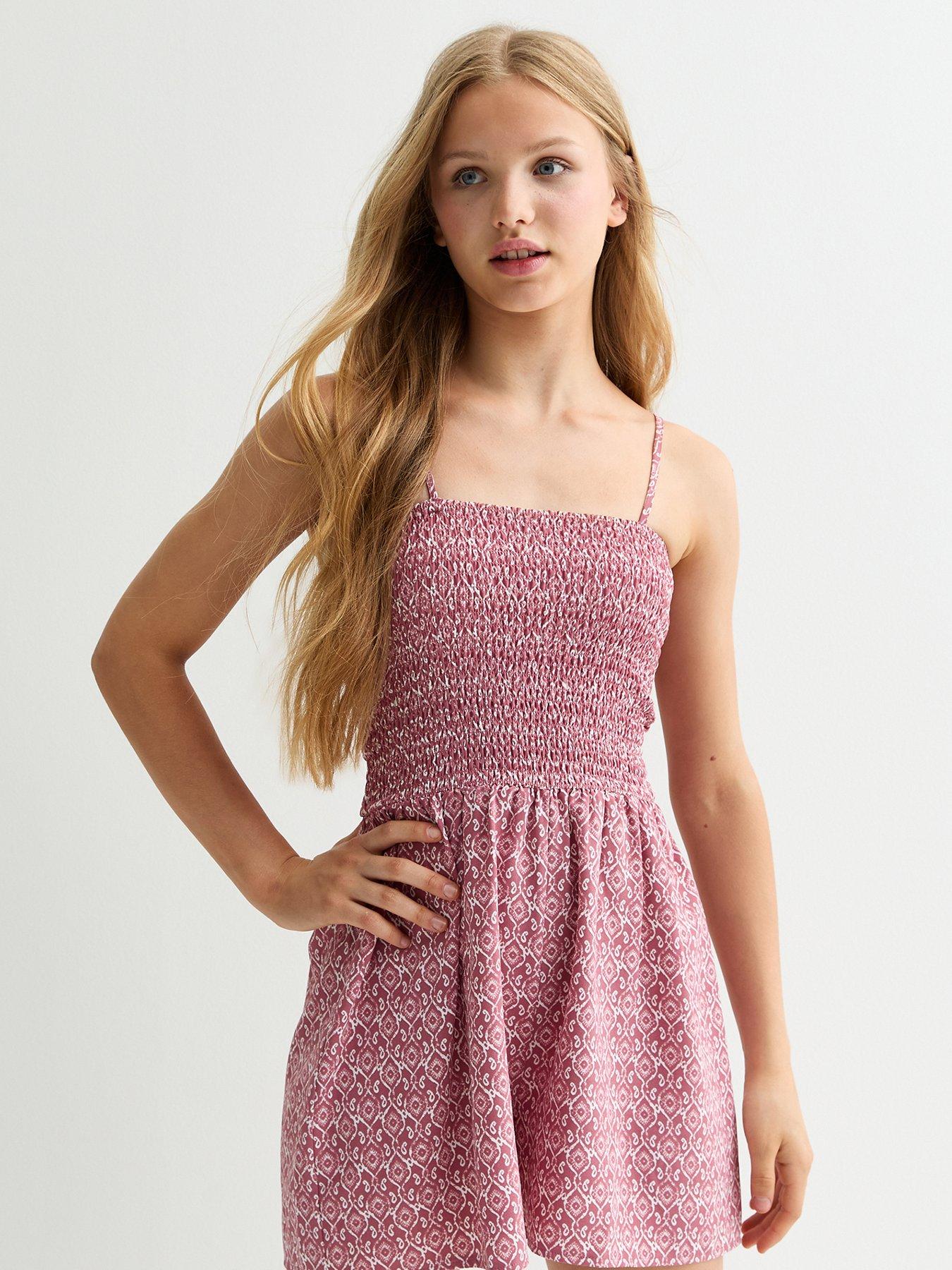 new-look-915-girls-pink-abstract-print-shirred-playsuit