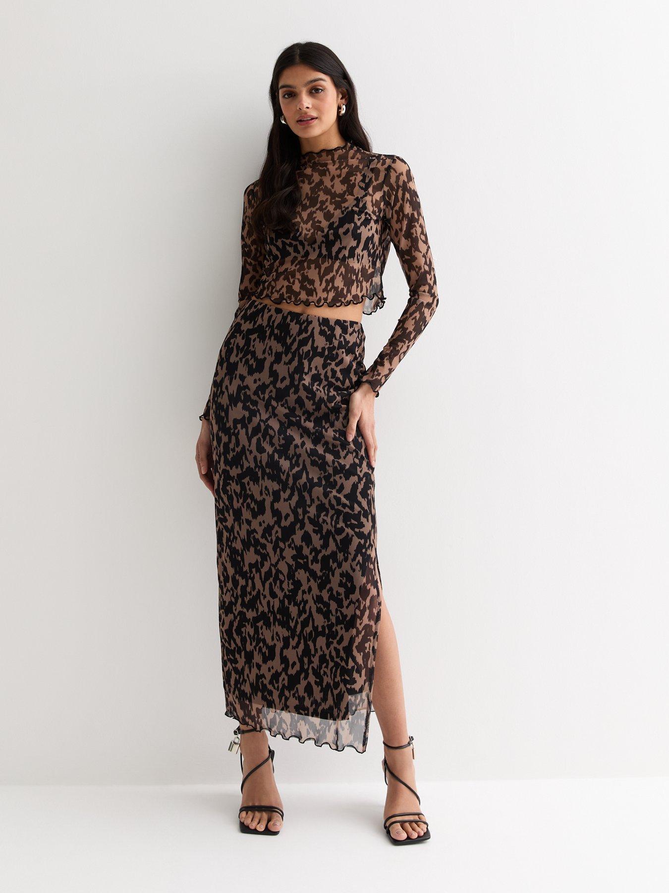 new-look-brown-animal-print-mesh-split-hem-midi-skirt