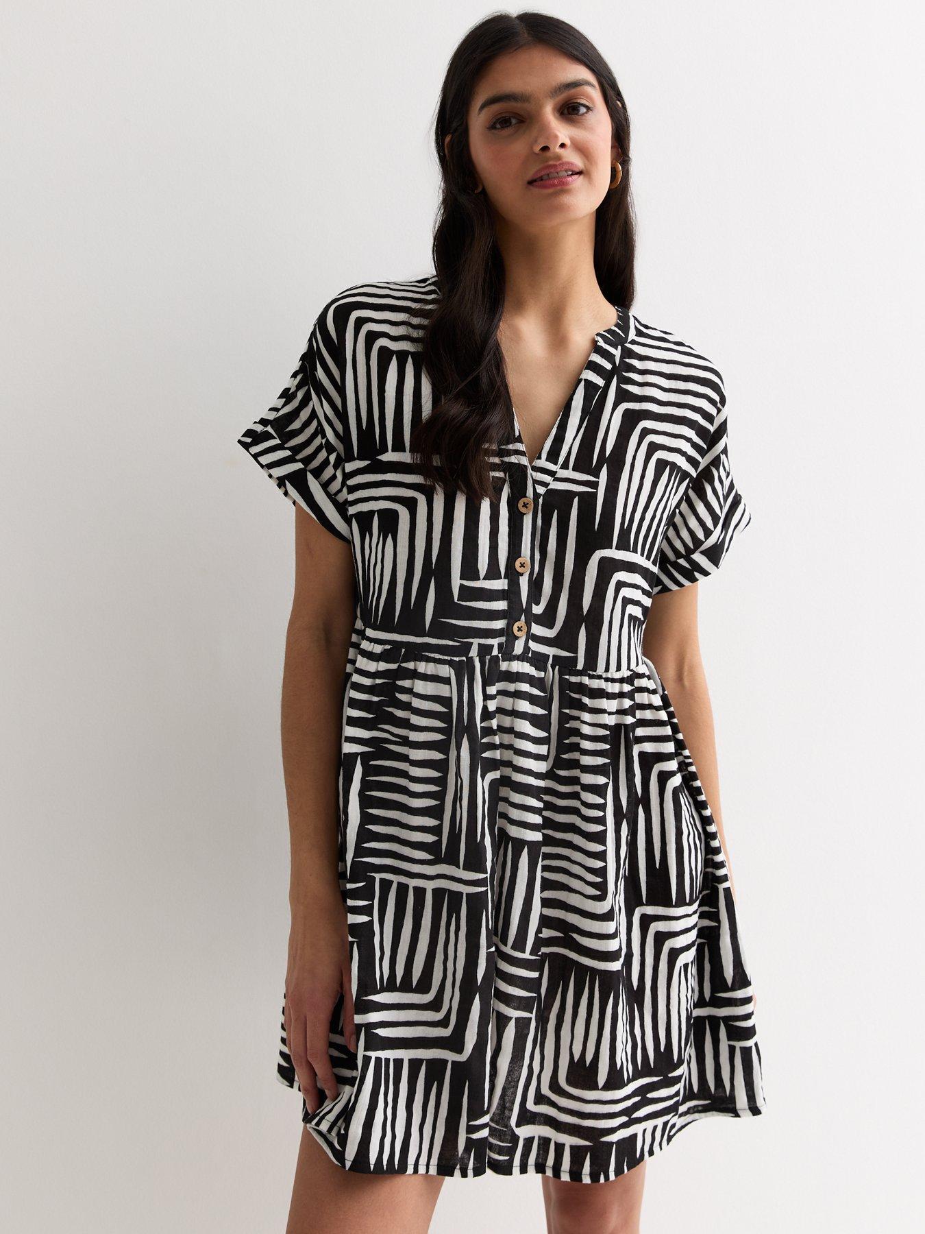 new-look-black-line-print-cotton-mini-smock-dress