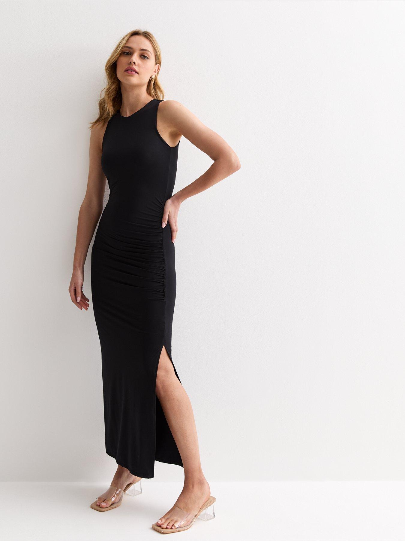 new-look-ruched-sleeveless-midi-dress-black