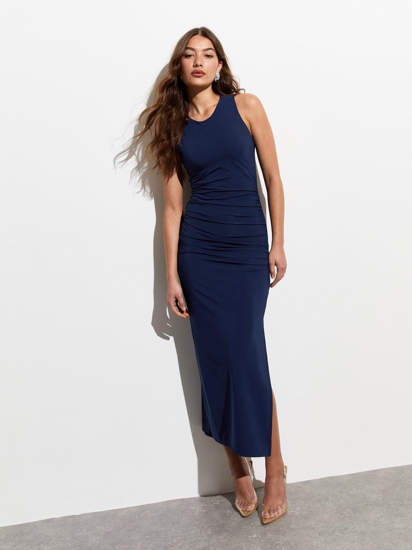 new-look-ruched-sleeveless-midi-dress-navy