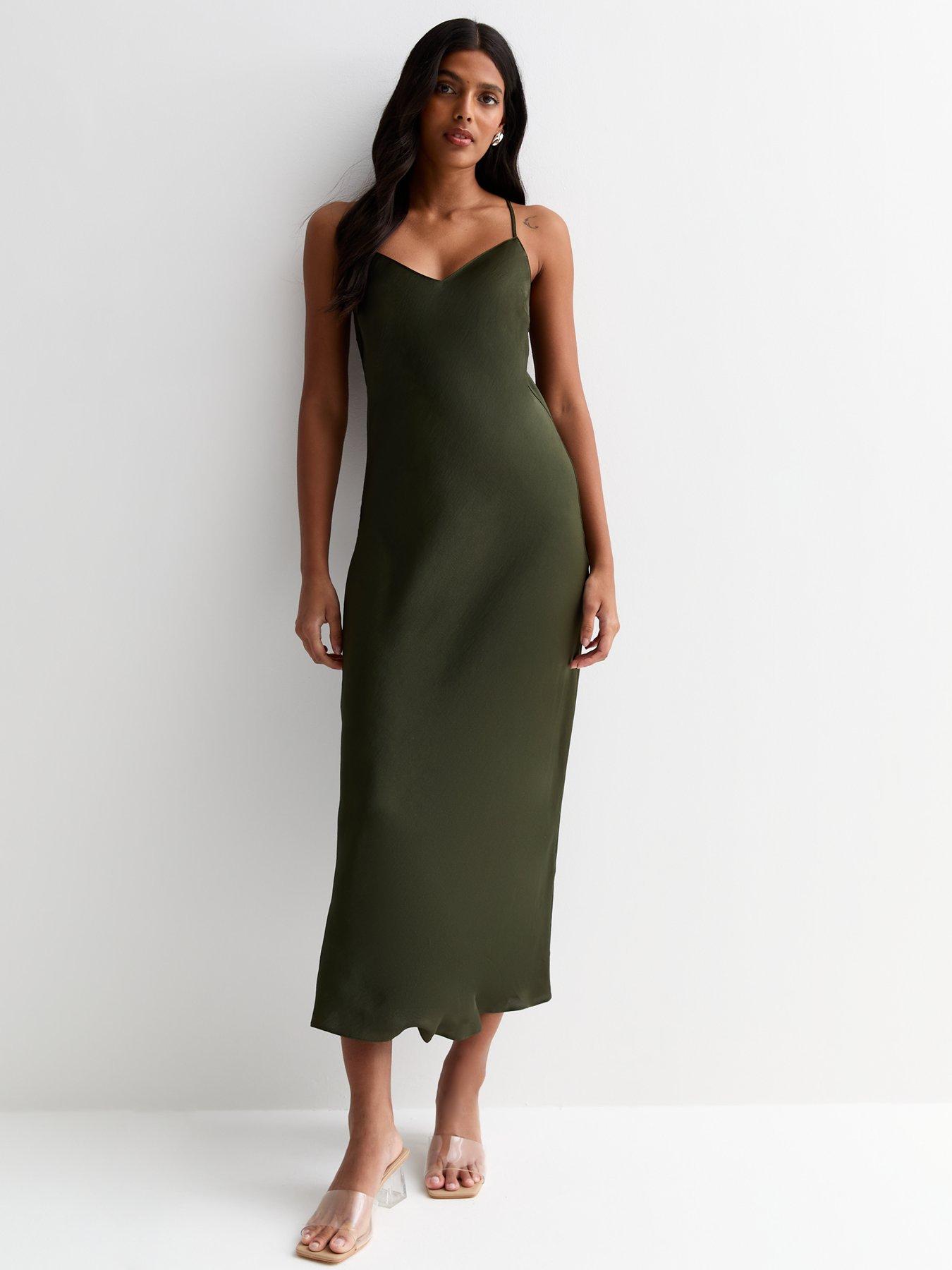 new-look-satin-cross-over-strap-midi-dress-khakifront