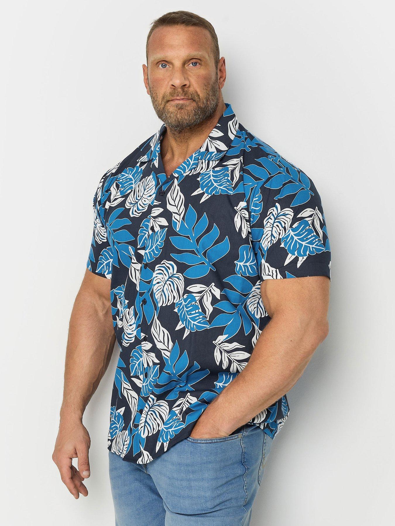 badrhino-short-sleeve-leaf-printed-casual-shirt-blue