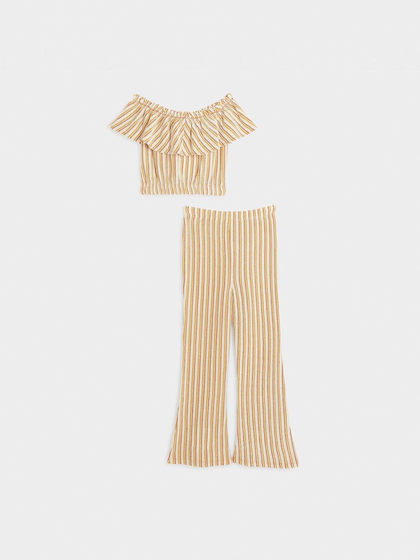 river-island-girls-knit-stripe-bardot-top-set-beigestillFront