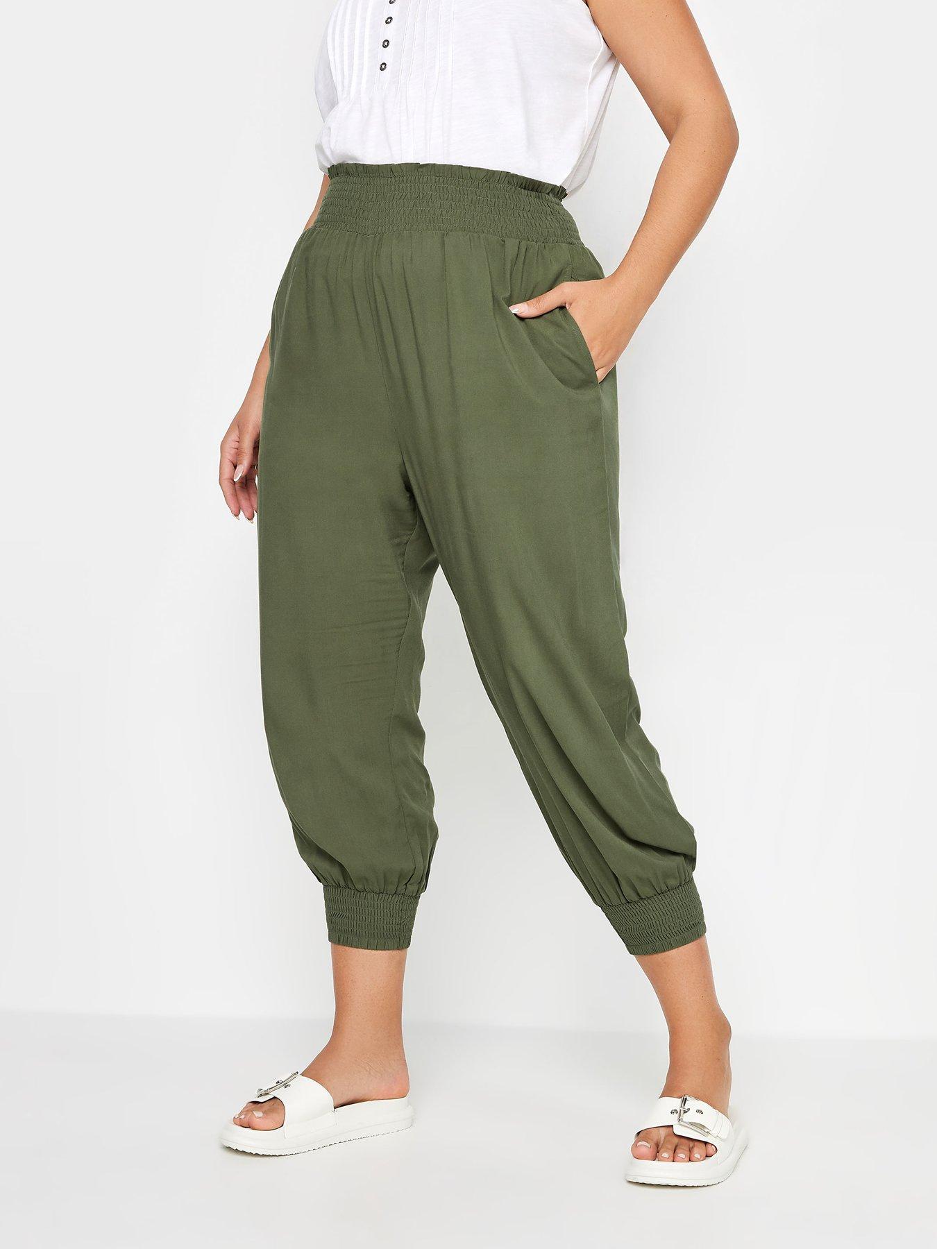 yours-curve-shirred-harem-crop-plain-khaki-green