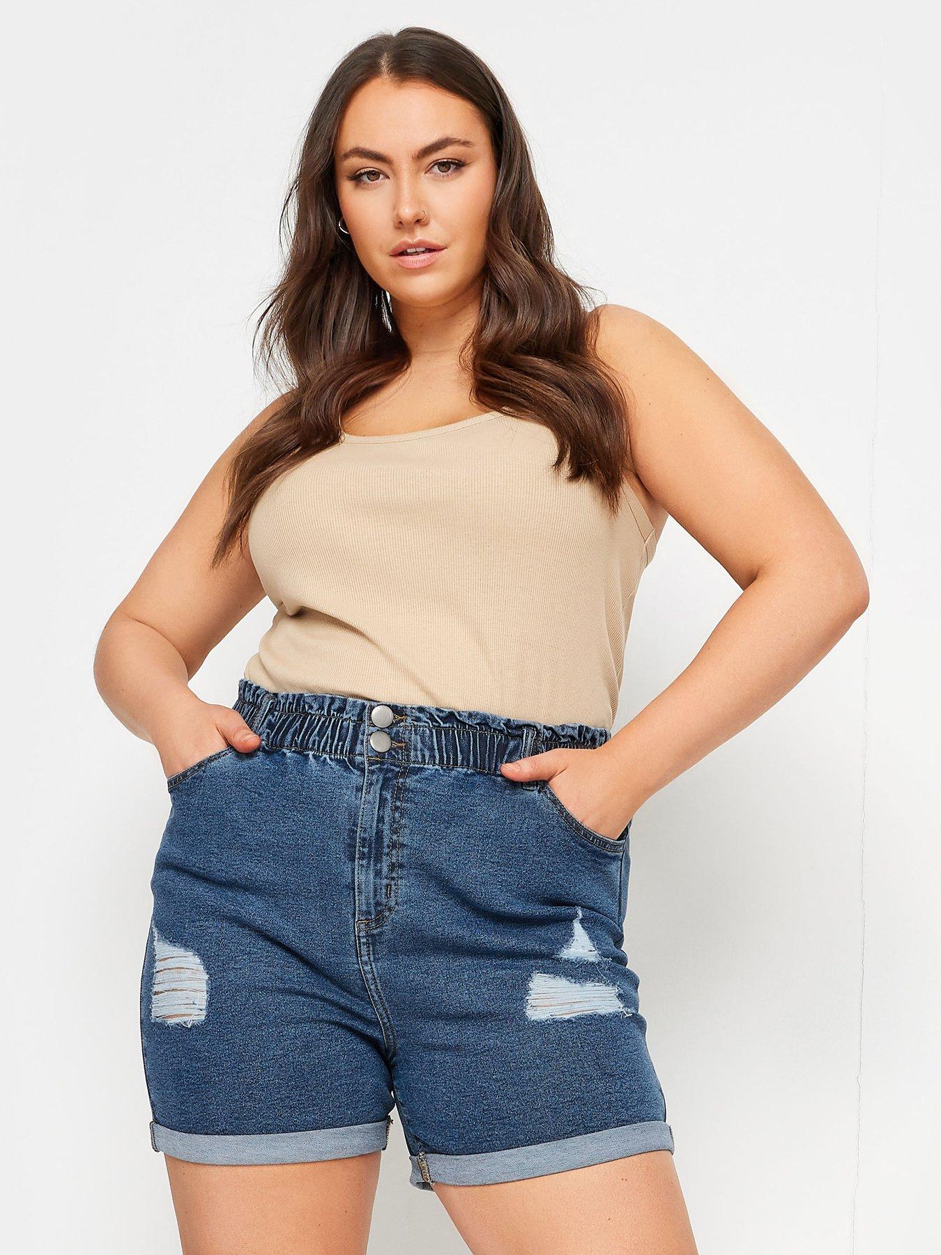 yours-curve-elastic-waist-ripped-stretch-denim-short-mid-wash-bluefront