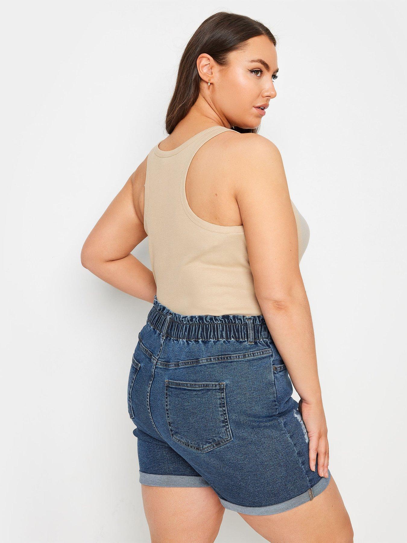 yours-curve-elastic-waist-ripped-stretch-denim-short-mid-wash-bluestillFront