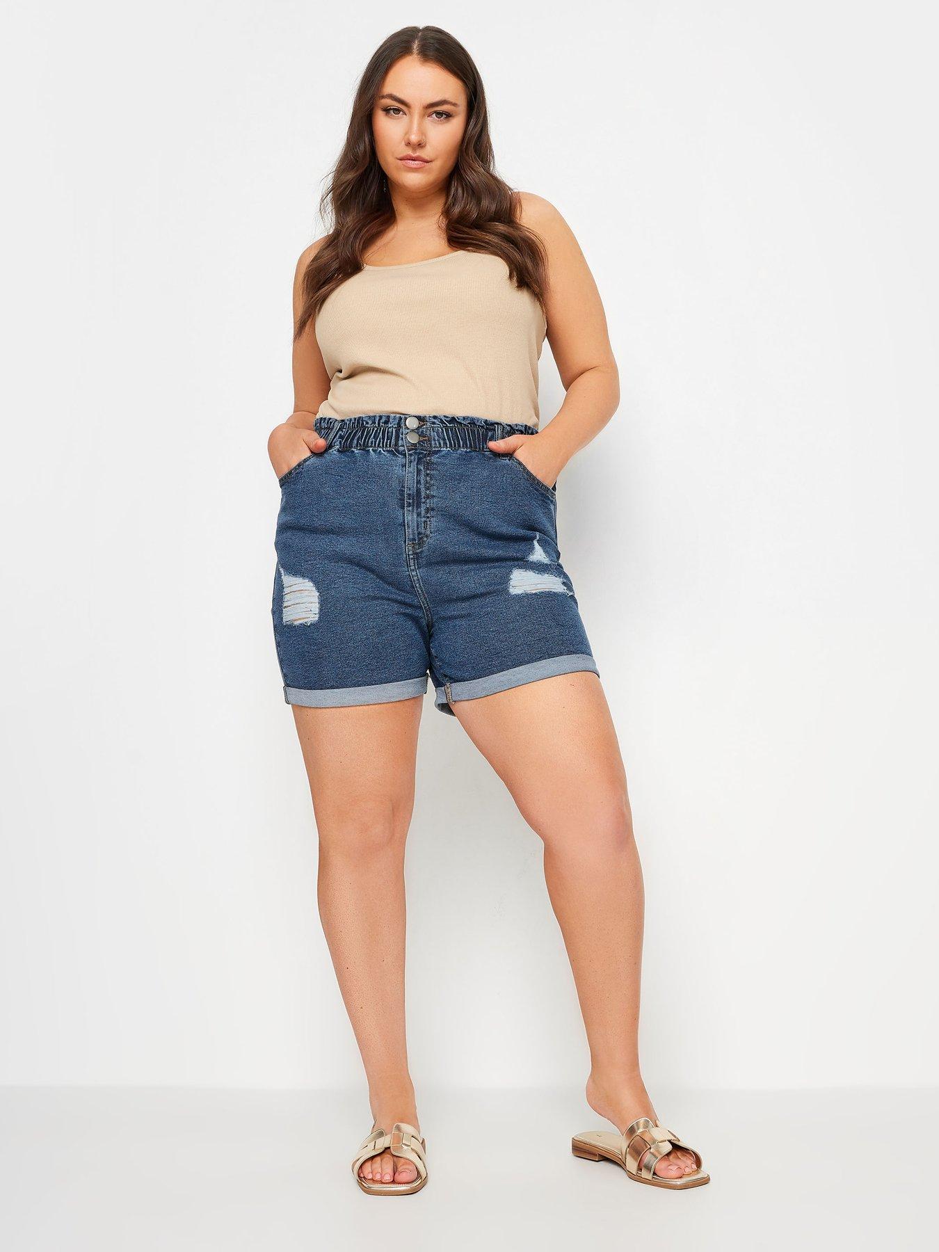 yours-curve-elastic-waist-ripped-stretch-denim-short-mid-wash-blueback