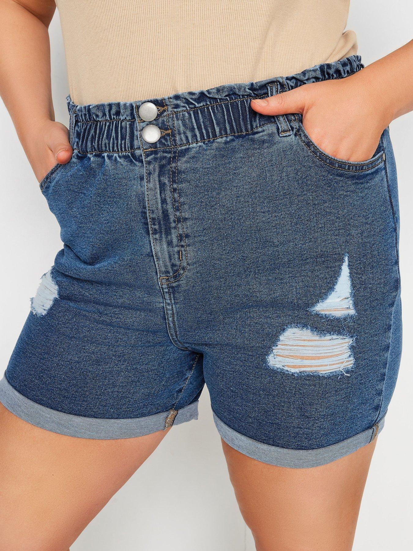 yours-curve-elastic-waist-ripped-stretch-denim-short-mid-wash-blueoutfit