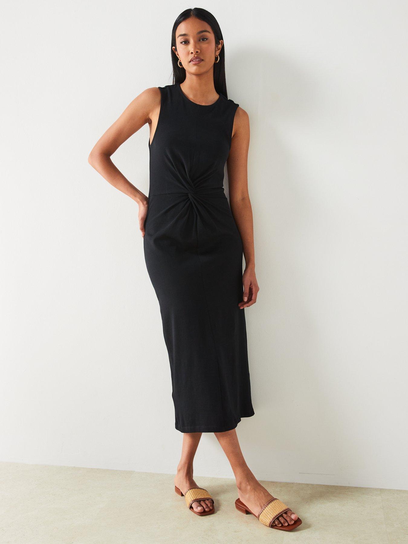 mango-black-rounded-neck-sleeveless-straight-design-midi-dress