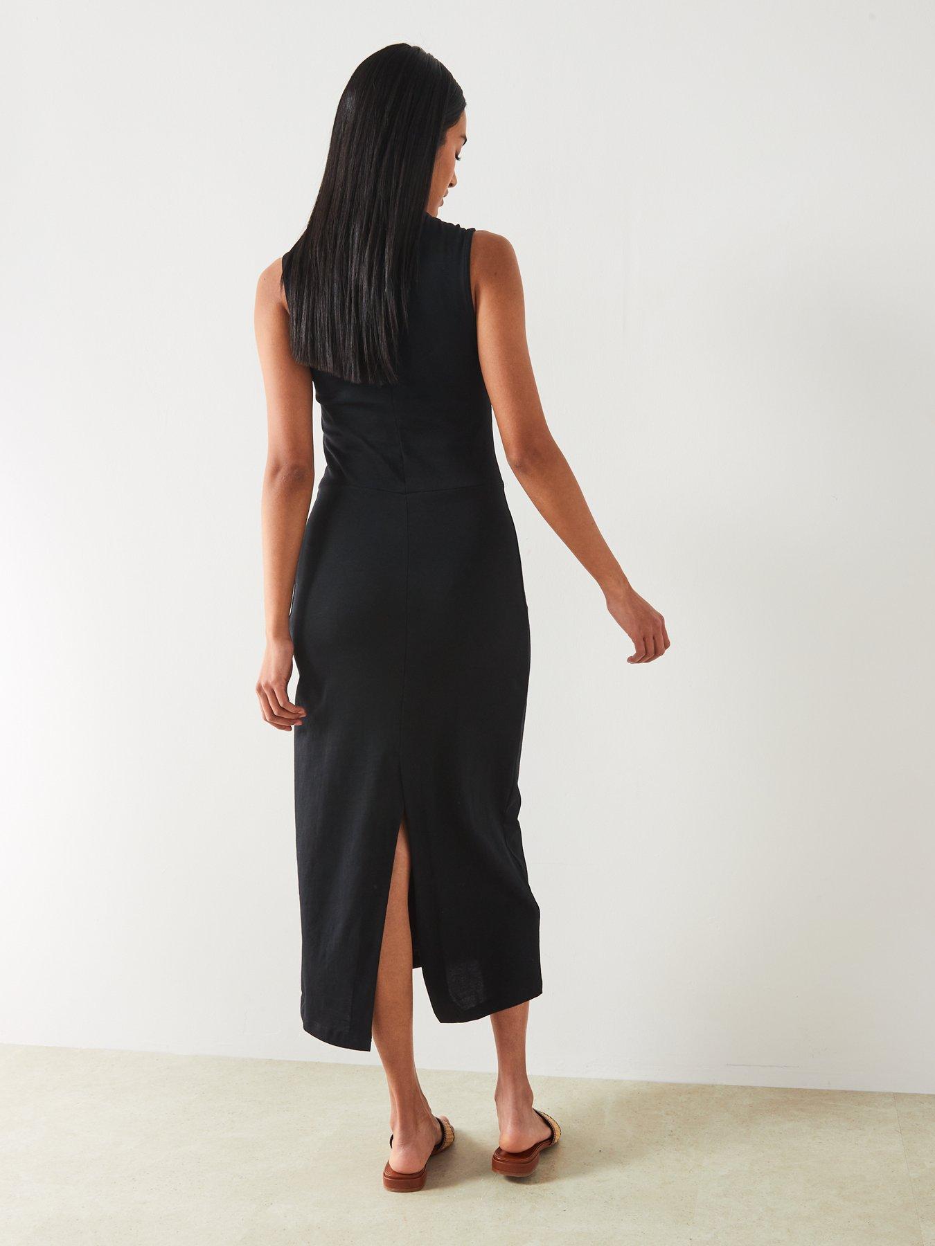 mango-black-rounded-neck-sleeveless-straight-design-midi-dressstillFront