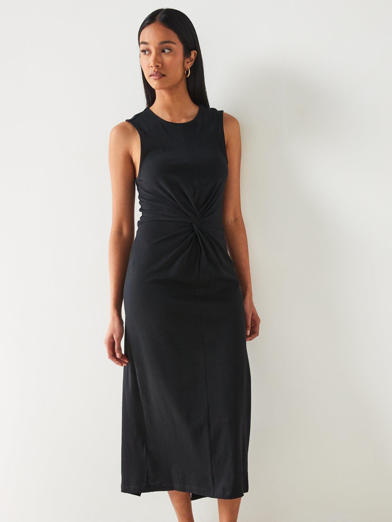 mango-black-rounded-neck-sleeveless-straight-design-midi-dressdetail