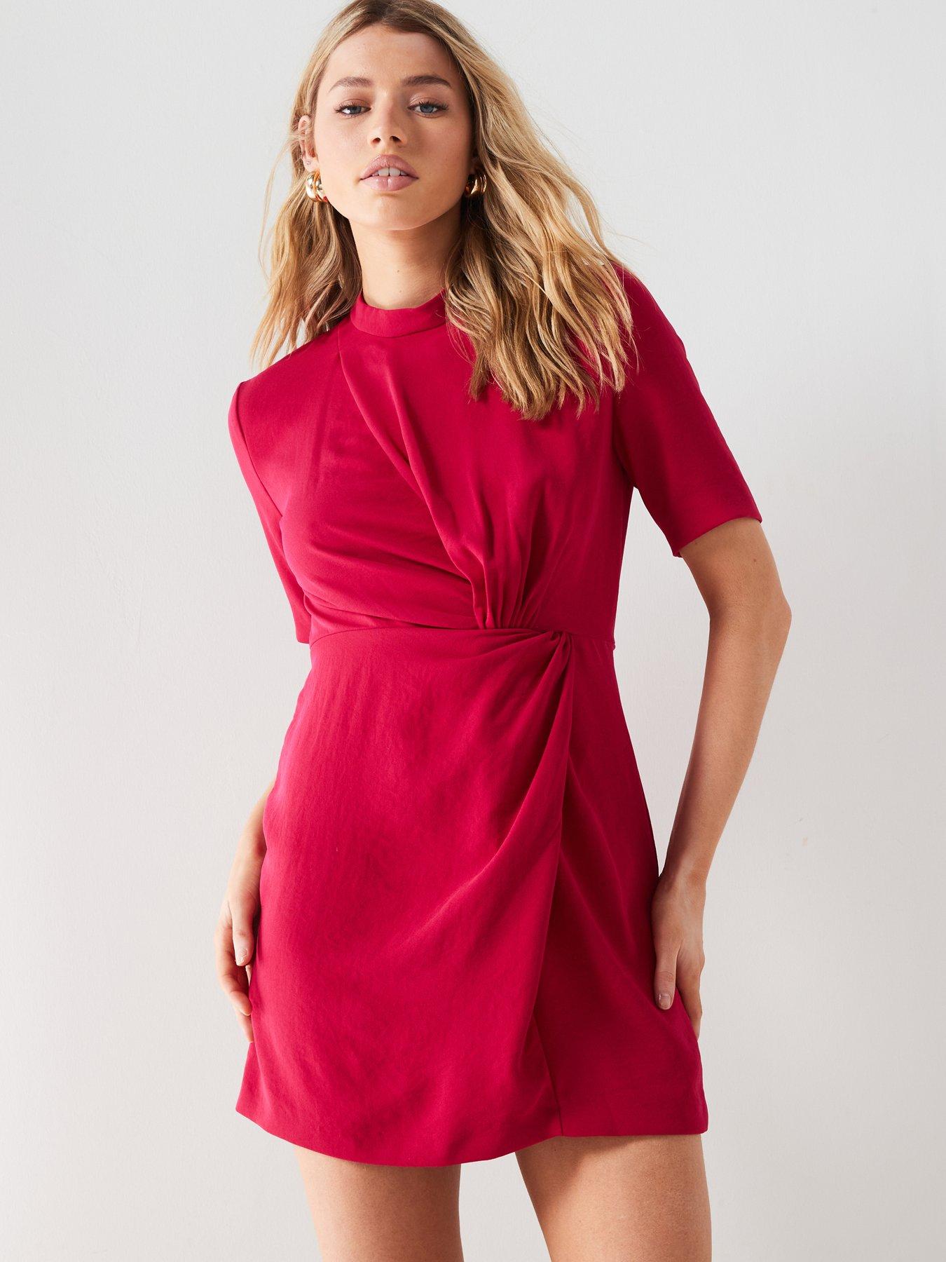 mango-pink-short-sleeve-twist-front-mini-dress