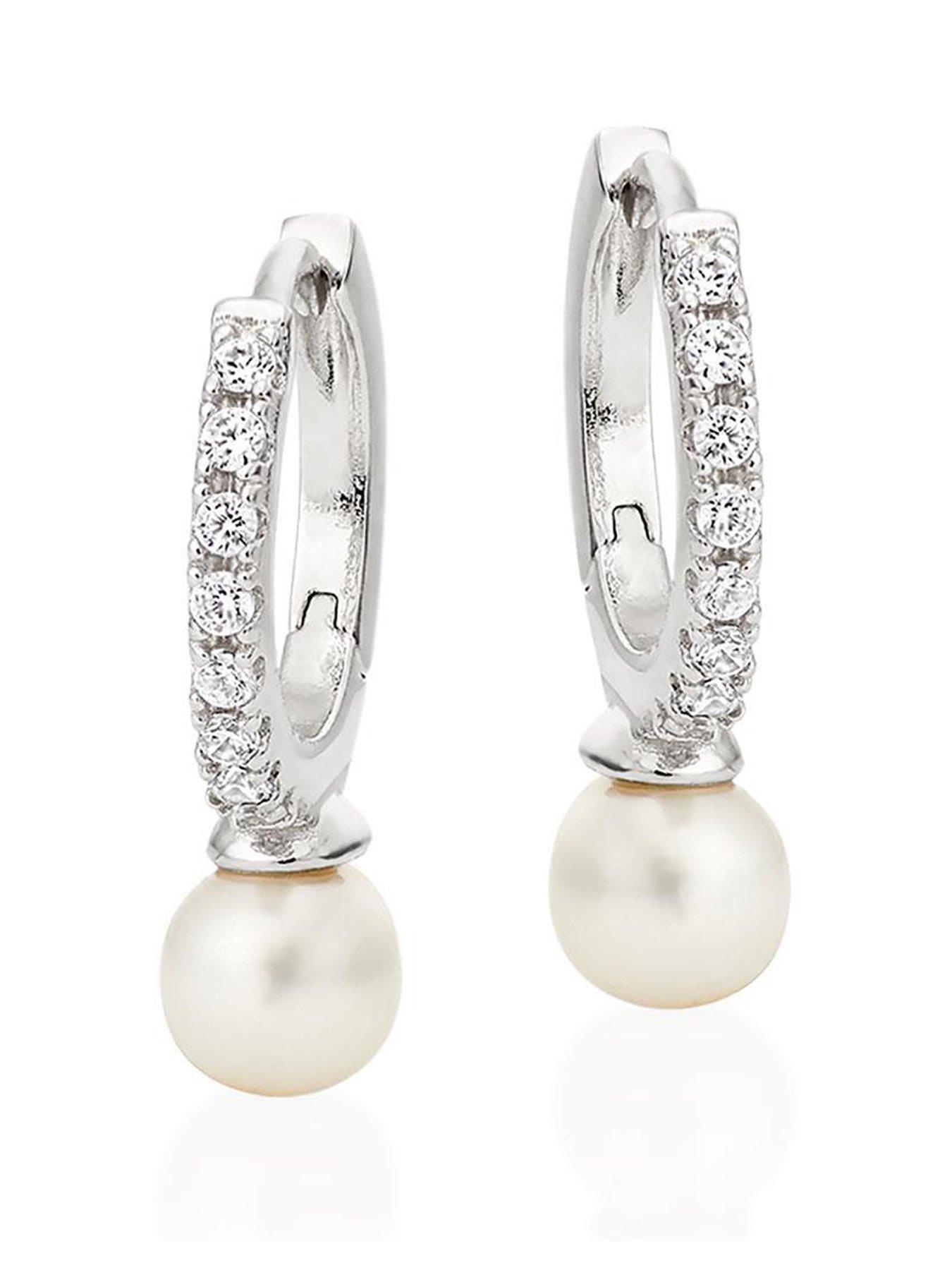 Beaverbrooks Silver Cubic Zirconia Freshwater Cultured Pearl Hoop Earrings