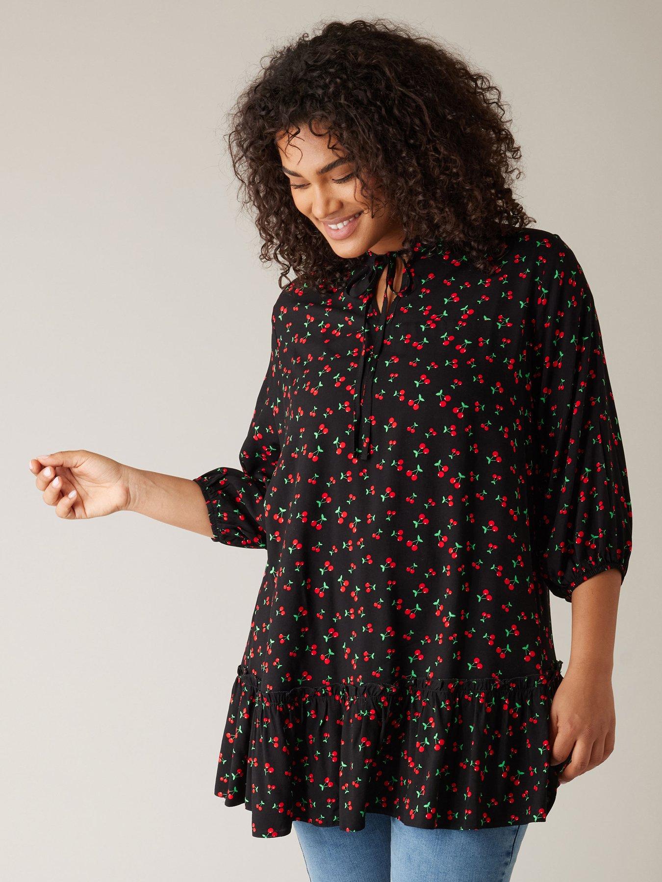 Image of Evans Tie-neck Frill Hem Tunic Cherry
