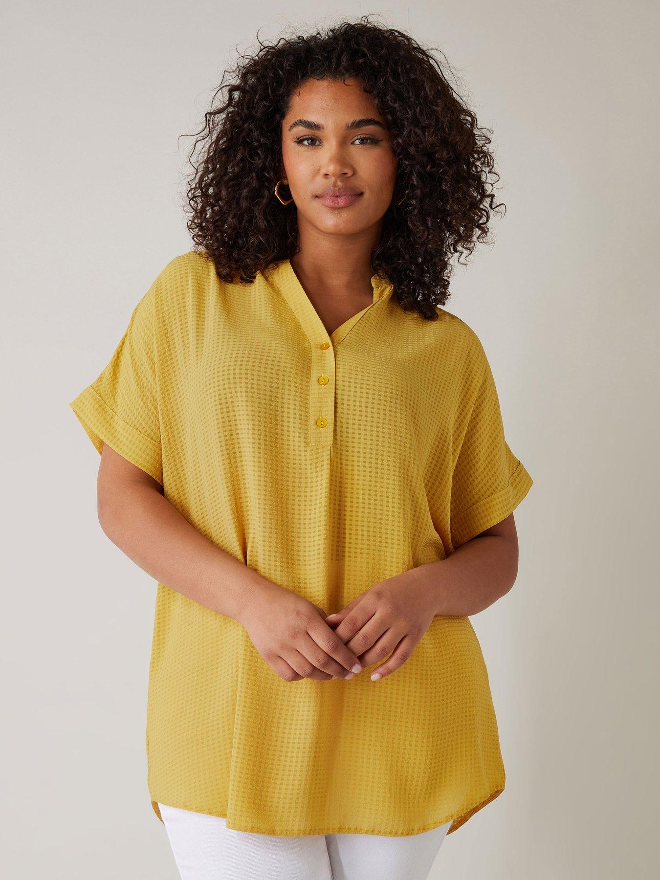 evans-half-placket-short-sleeve-blouse-yellow