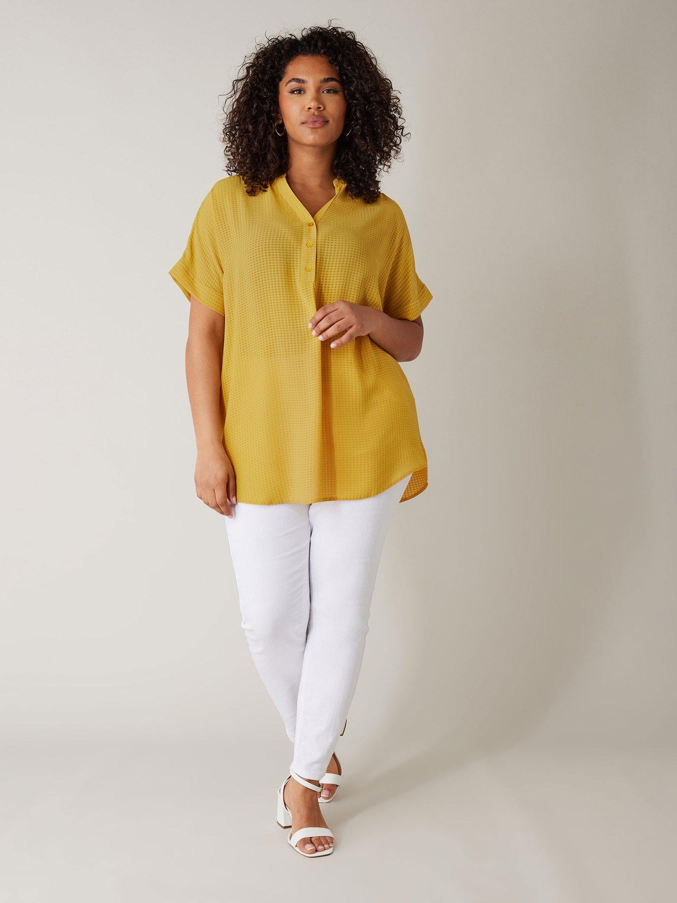 evans-half-placket-short-sleeve-blouse-yellowback