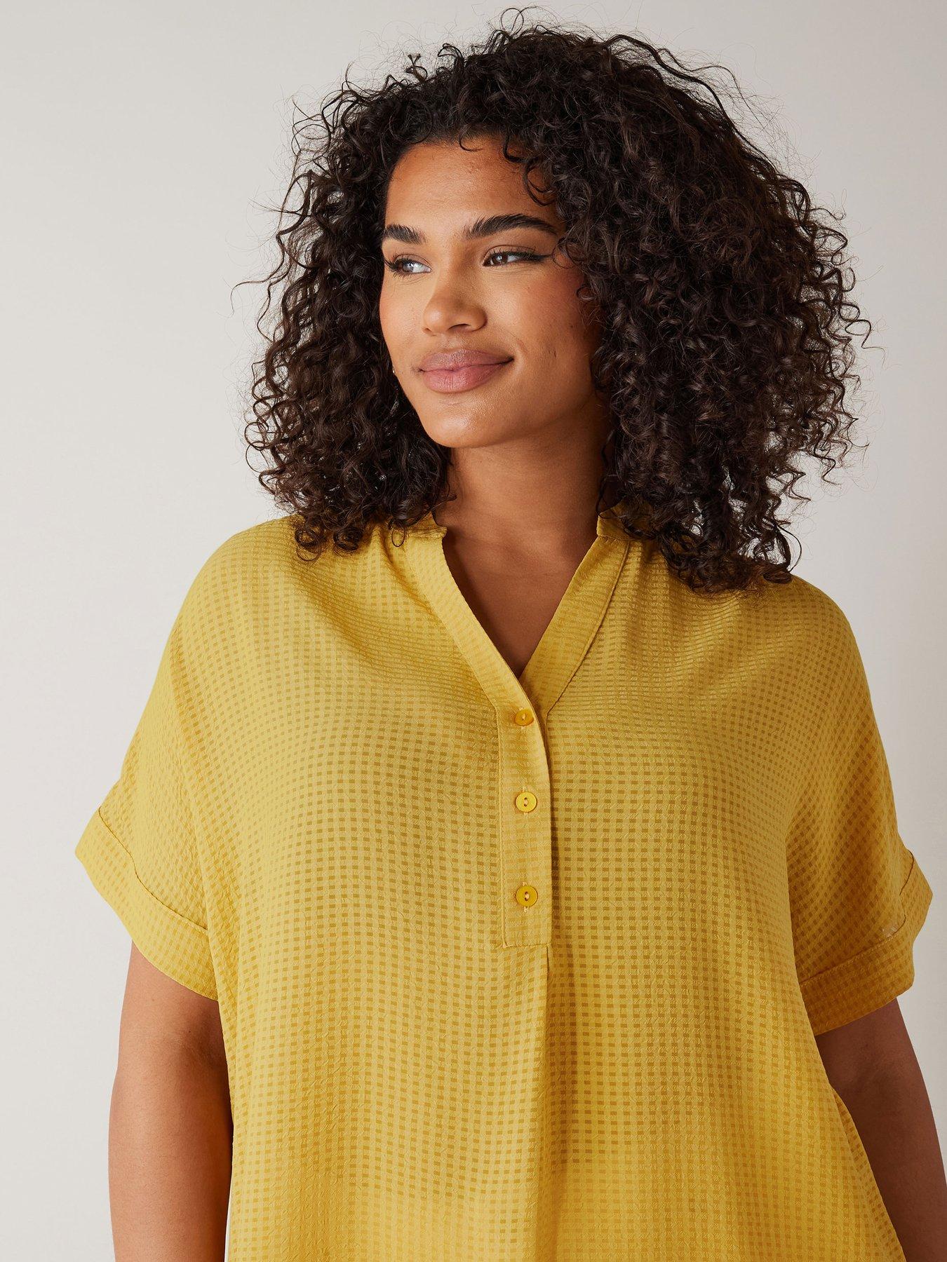 evans-half-placket-short-sleeve-blouse-yellowoutfit