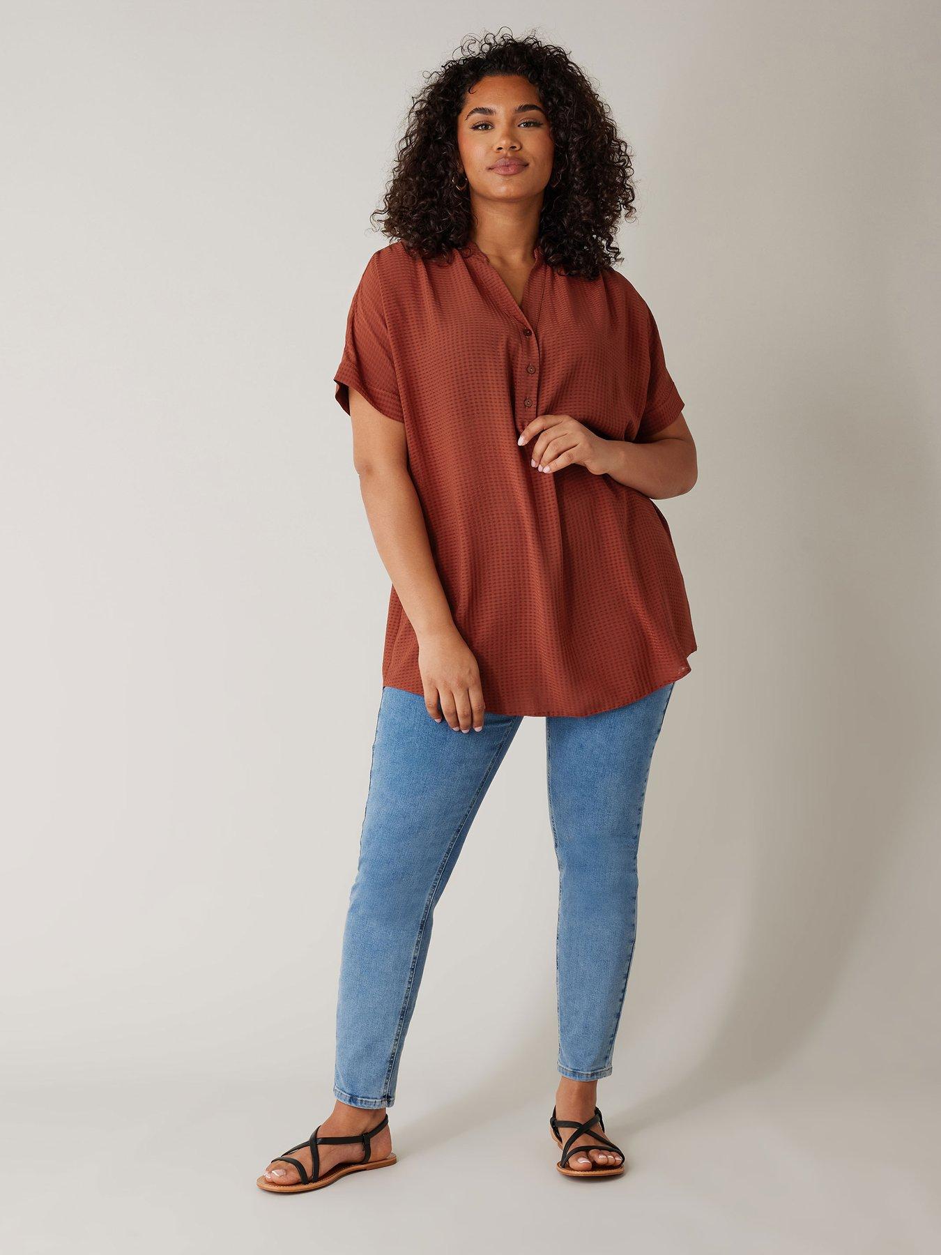 evans-half-placket-short-sleeve-blouse-orangeback