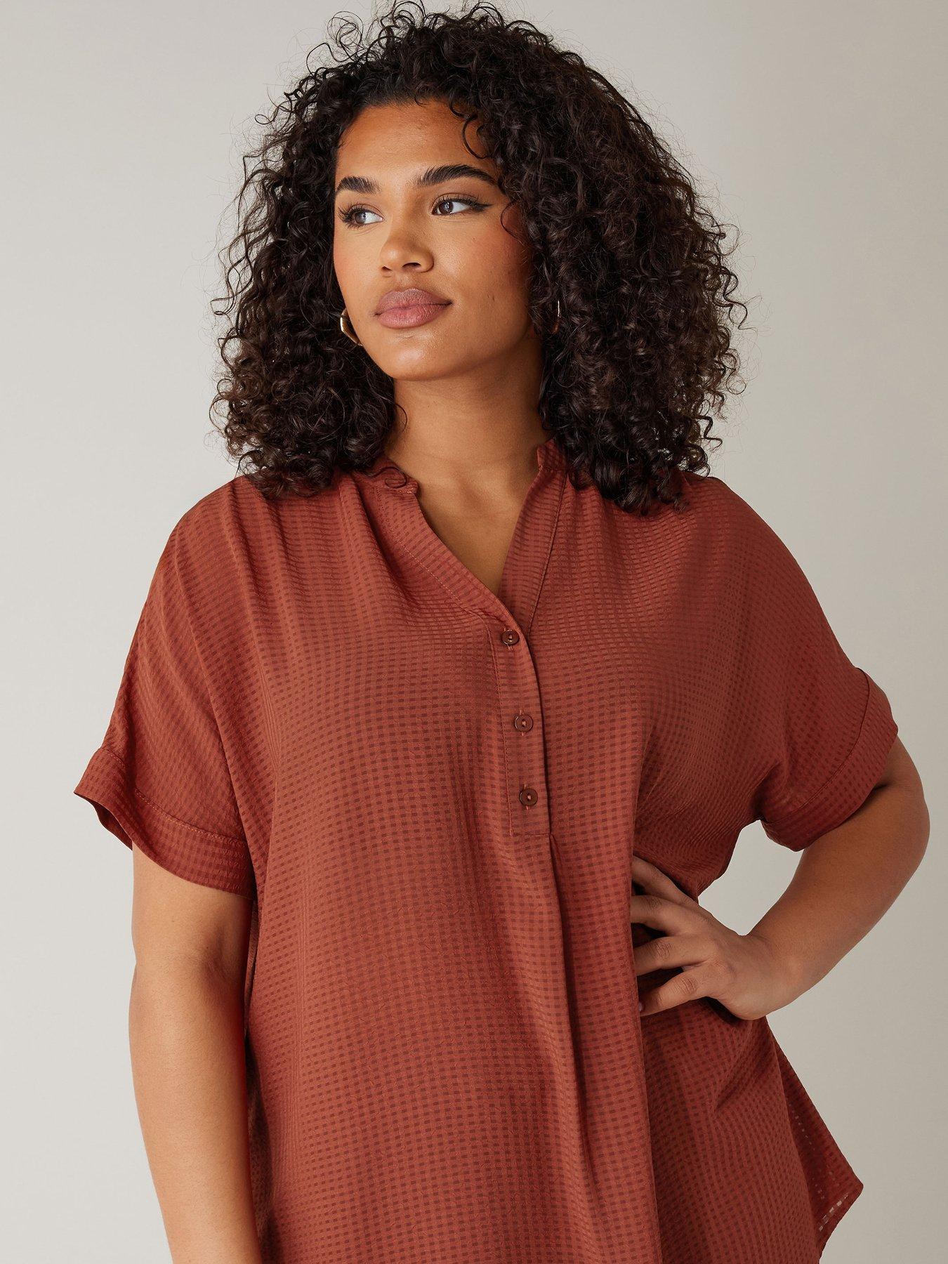 evans-half-placket-short-sleeve-blouse-orangeoutfit