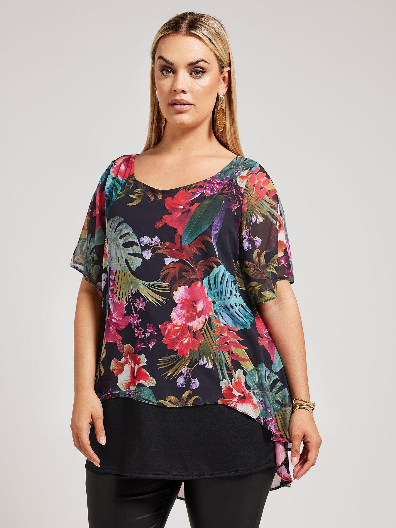 Image of Yours Curve Chiffon Overlay Top Tropical Floral
