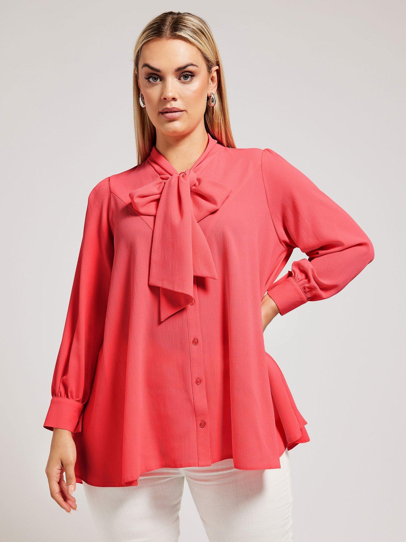 yours-curve-tie-neck-gathered-blouse-pinkfront