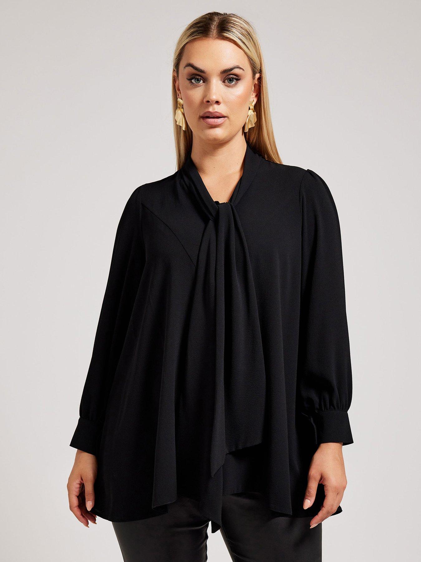 yours-curve-tie-neck-gather-blouse-blackfront